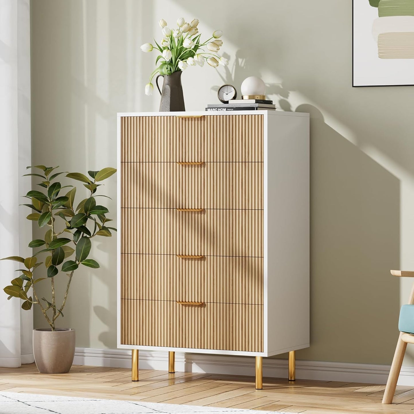 GAOMON 5 Drawer Dresser, Wood Chest of Drawers Organizer Storage with Gold Handle, Tall Storage Cabinet, Modern Design Dresser for Bedroom, Living Room, Closet, Hallway, Entryway, Natural