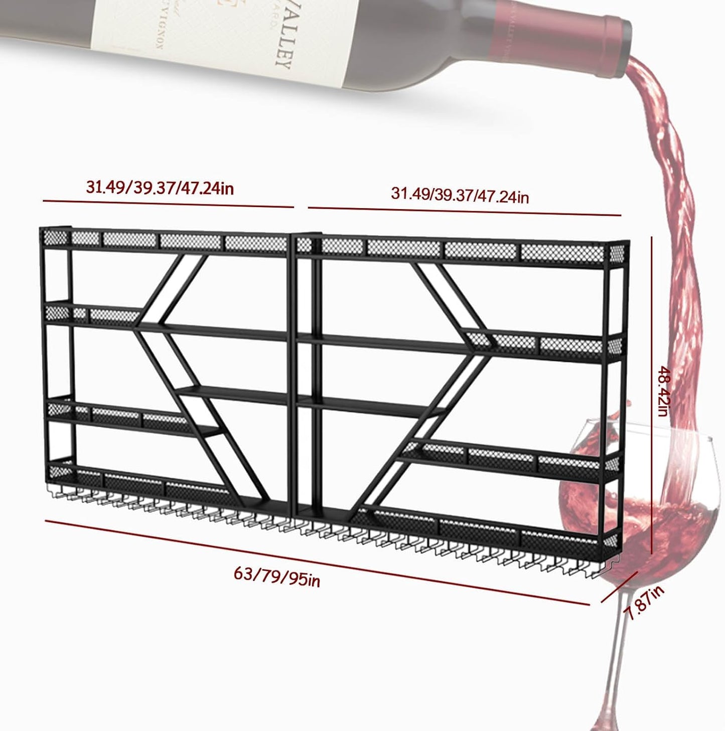 Wall Mounted Wine Rack with Glass Holder, 3-Tier Metal Storage Shelf, Black Diamond Design, Wine Bottle Display with Stemware Storage (Black, 78.74in/200cm)