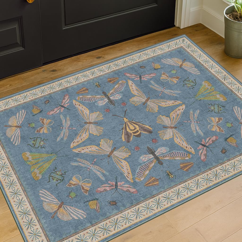 Blue 2x3 Washable Rug for Entryway Indoor, Kitchen Floor, Bathroom, Non Slip Low Pile Stain & Fade Resistant, Waterproof Insect Floral Decor