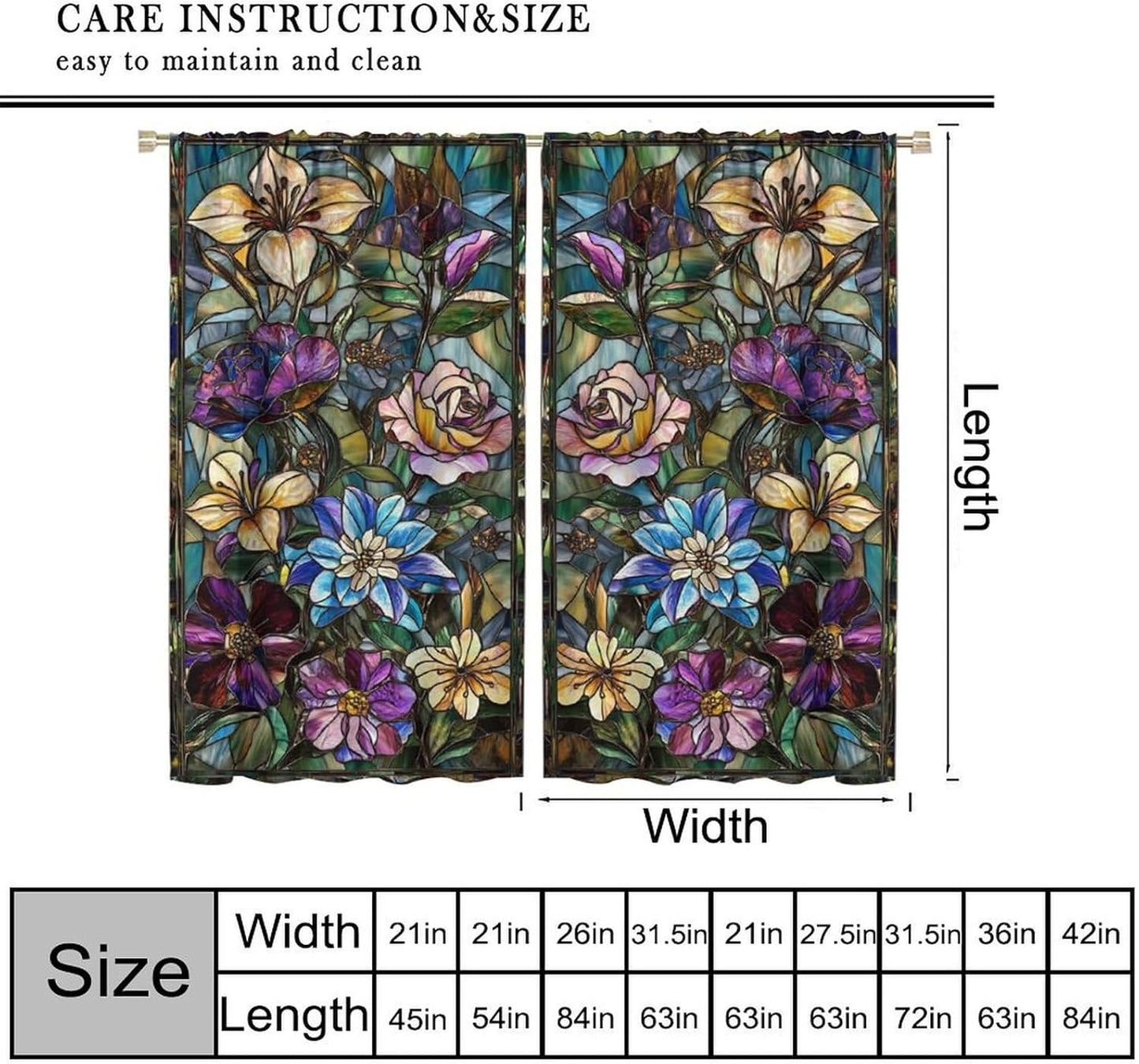 Stained Glass Curtains,Retro Colored Glass Flowers Art Home Decor Drapes for Bedroom Living Room Kitchen Window Treatment 2 Panels Set Total Size 52" W X 84" L Inch