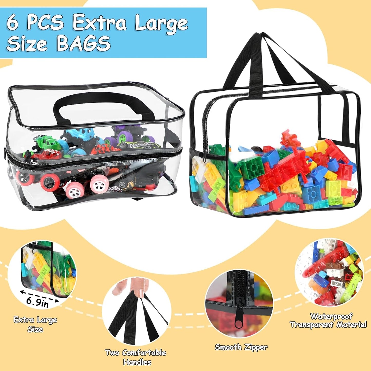6 Packs Widen X-Large Toy Storage Bags 12.6×9.25×6.9In with Labels, Reusable Clear PVC Board Game Storage, Travel Waterproof Organizer Bags with Zipper for Building Blocks, Puzzle, Stuffed Animals