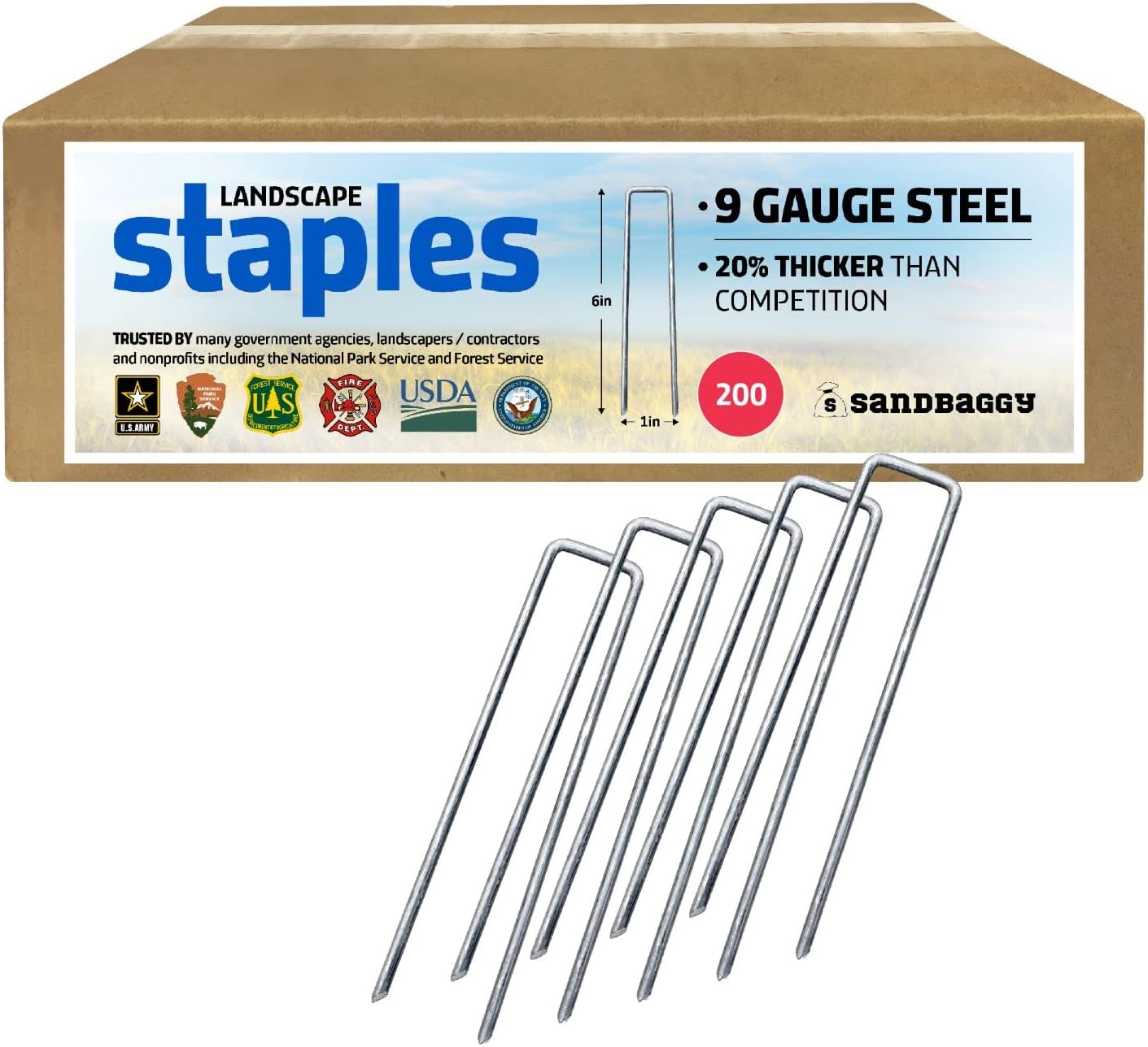 Sandbaggy 6 inch Landscape Sod Staples (9 Gauge Steel) ~ Great for Hard Soil - 20% Thicker Than Competition - Trusted by Farmers & Contractors Across USA (200 Staples)