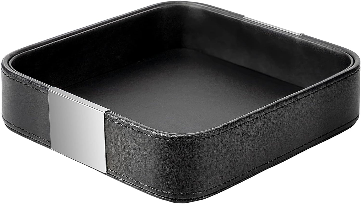 SANZIE Luxury Leather Desktop Storage Small Catchall Organizer Decorative Tray for Entryway Table to Hold Jewelry Watch Cosmetics Keys Phone Wallet, Home & Office Accessories (Metal Silvered, Black)