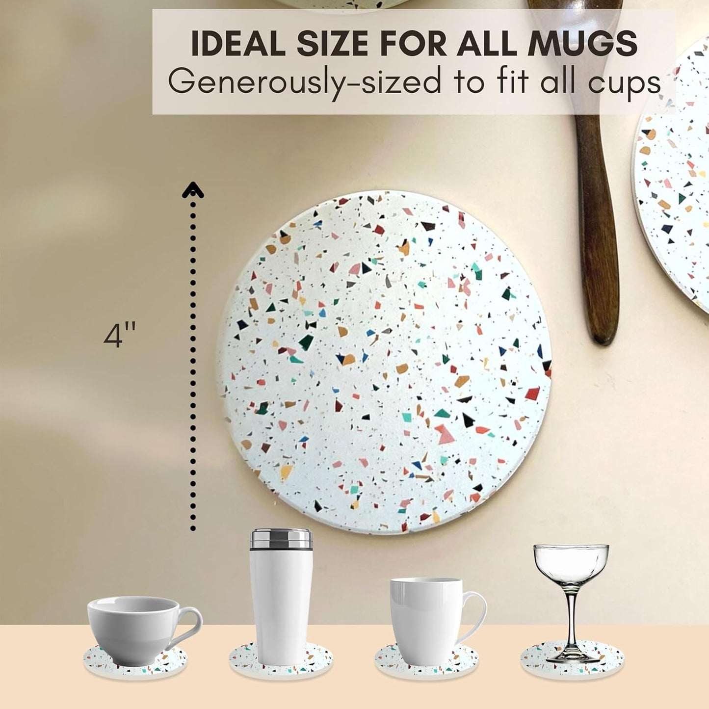 Terrazzo Drink Absorbent Coasters with Holder Set of 6, Ceramic Coaster for Drinks, Coffee Table Decor, Water Absorbing Stone Coaster for Drinks (Confetti)