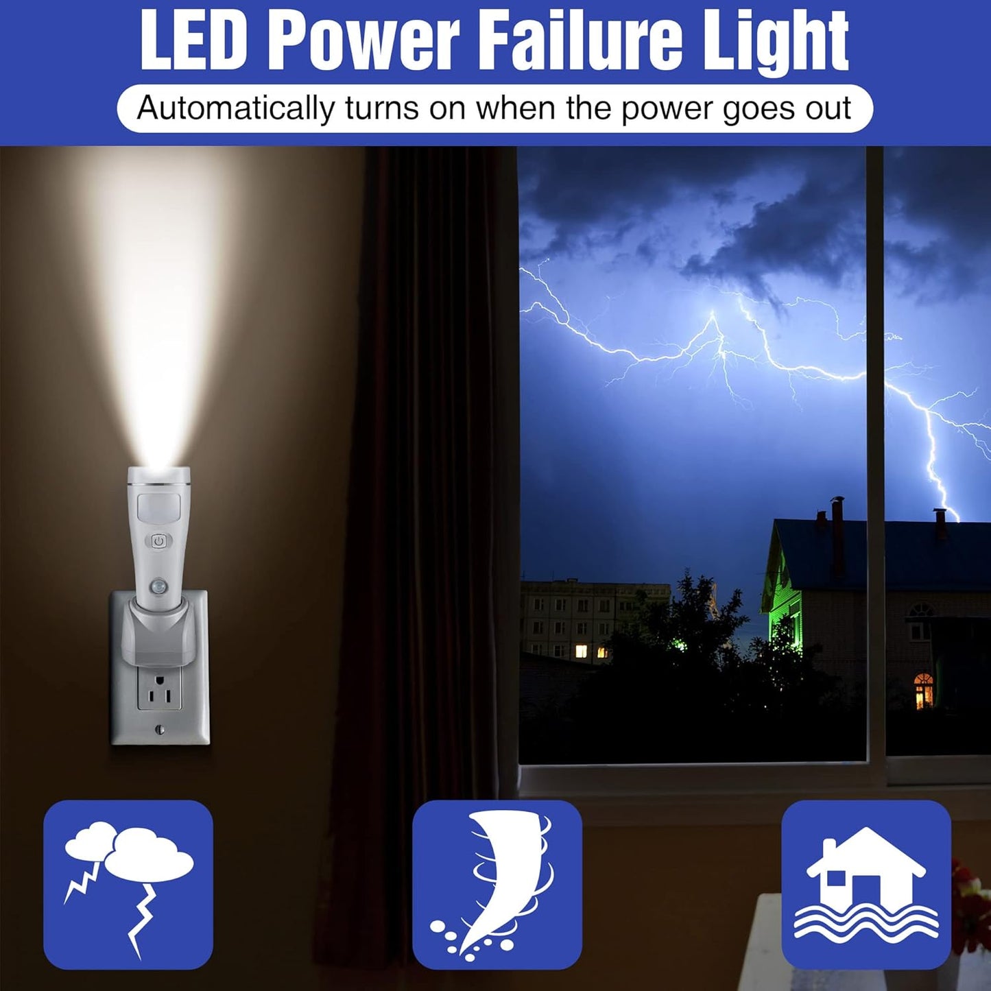 Enhon 4 in 1 LED Emergency Lights for Home Power Failure, 2 Pack Rechargeable Plug in Flashlight Motion Sensor Night Light, Automatic Turn On Power Outage Light for Home Hurricane Supplies(White)