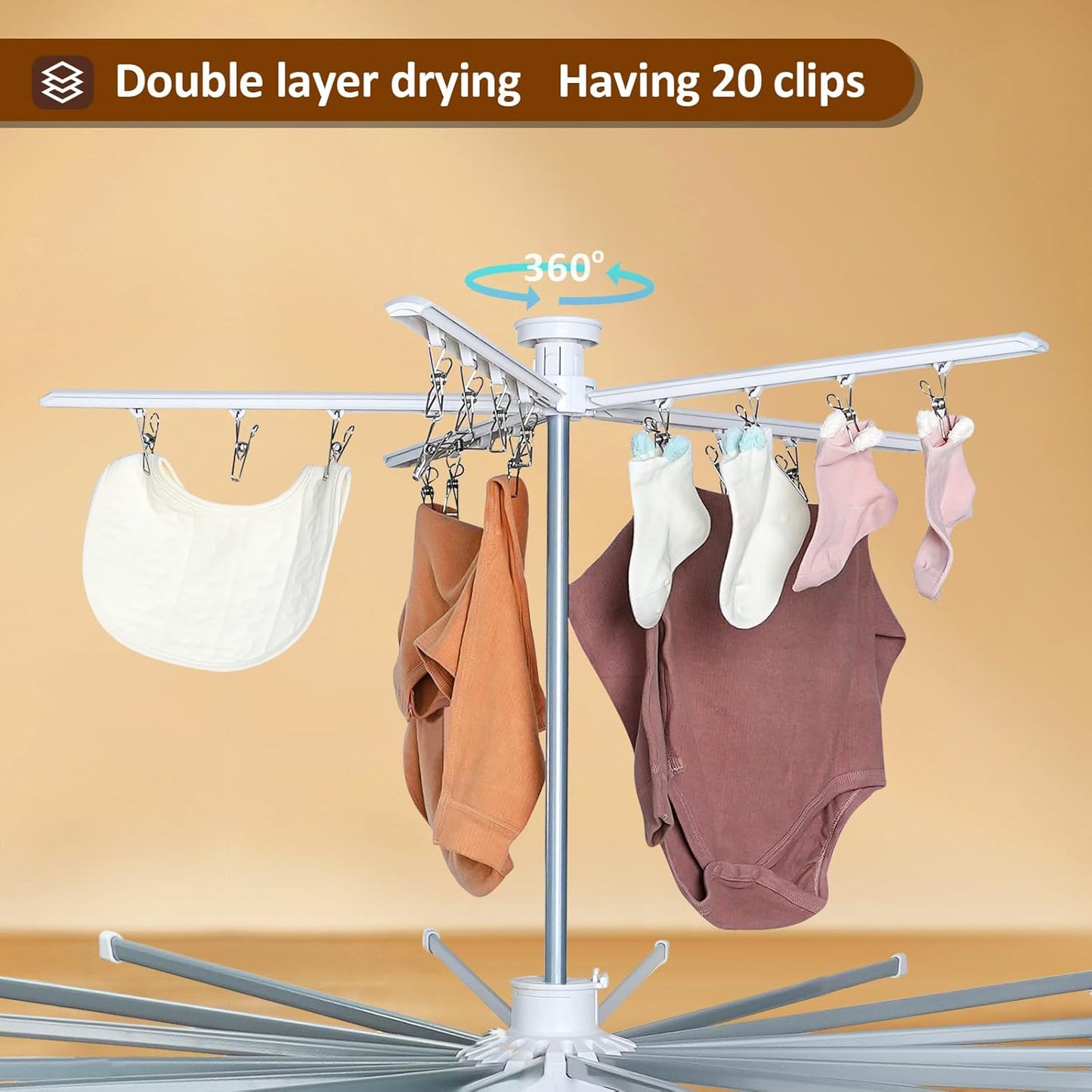 Clothes Drying Rack 2025 Upgrade 4-Legged 3-Tier Foldable Laundry Rack with 4 Pulleys 20 Clips,6 Shoe Dryers 16Drying Rods for Indoor/Outdoor, Camping, Poolside Space Saving, Whit