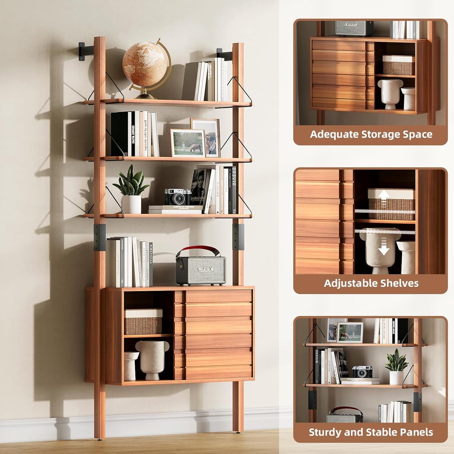 Ladder Bookshelf with Storage Cabinet, Mid Century Modern Wall Mounted Bookcase with Wood and Metal Frame, 6 Tier Open Display Shelves for Living Room, Bedroom, Home Office, Cherry