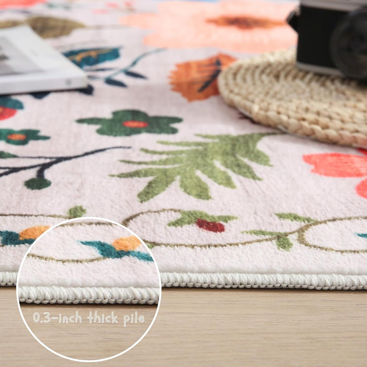 Area Rug 4x6 Rug Washable Boho Rugs Non Slip Low Pile Floral Small Carpet for Bedroom, Bedside, Kids Room, Office, Dining Room(Beige)