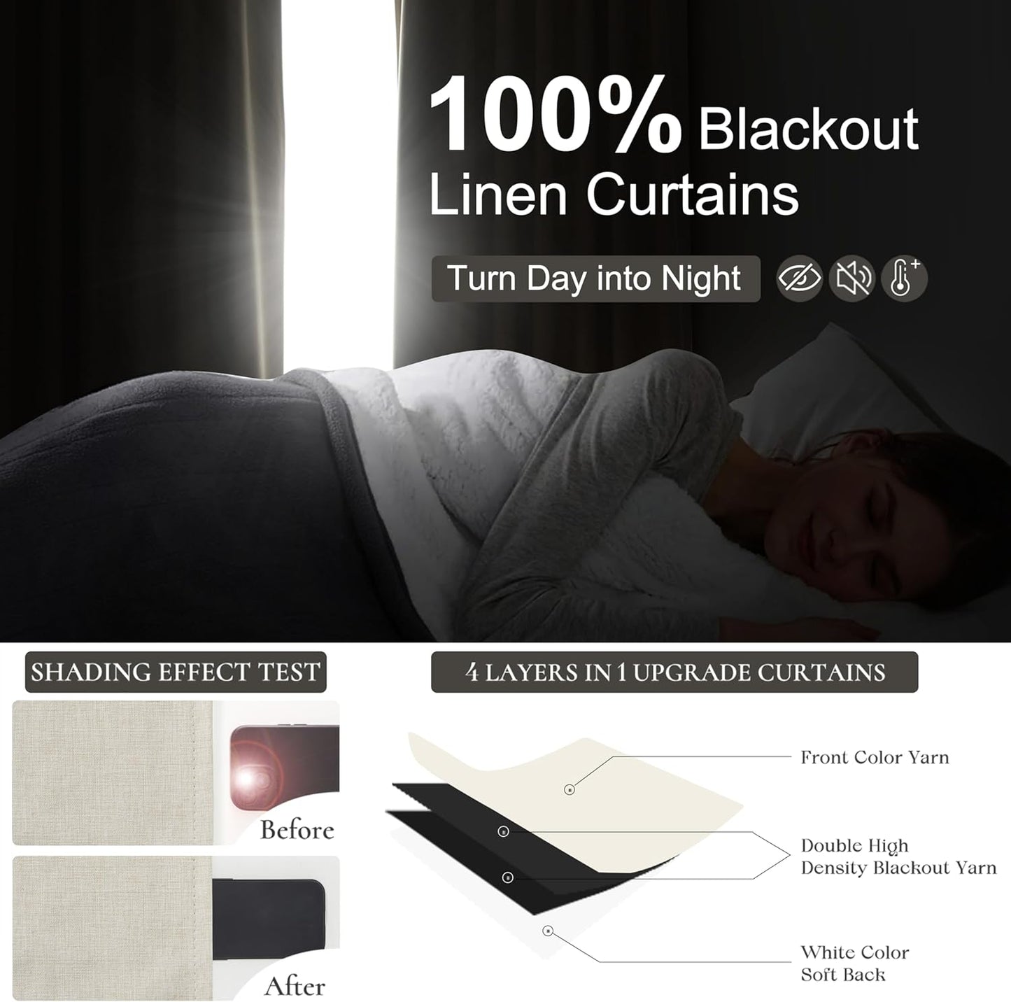 Warm Cream Extra Long Pleated Black Out Curtains 105 Inches Long for Living Room, Natural Linen Blend Patio Door Curtain with Track&Back Tab 2 Panels Set Insulated Privacy Window Drapes (40"Wx105"L）