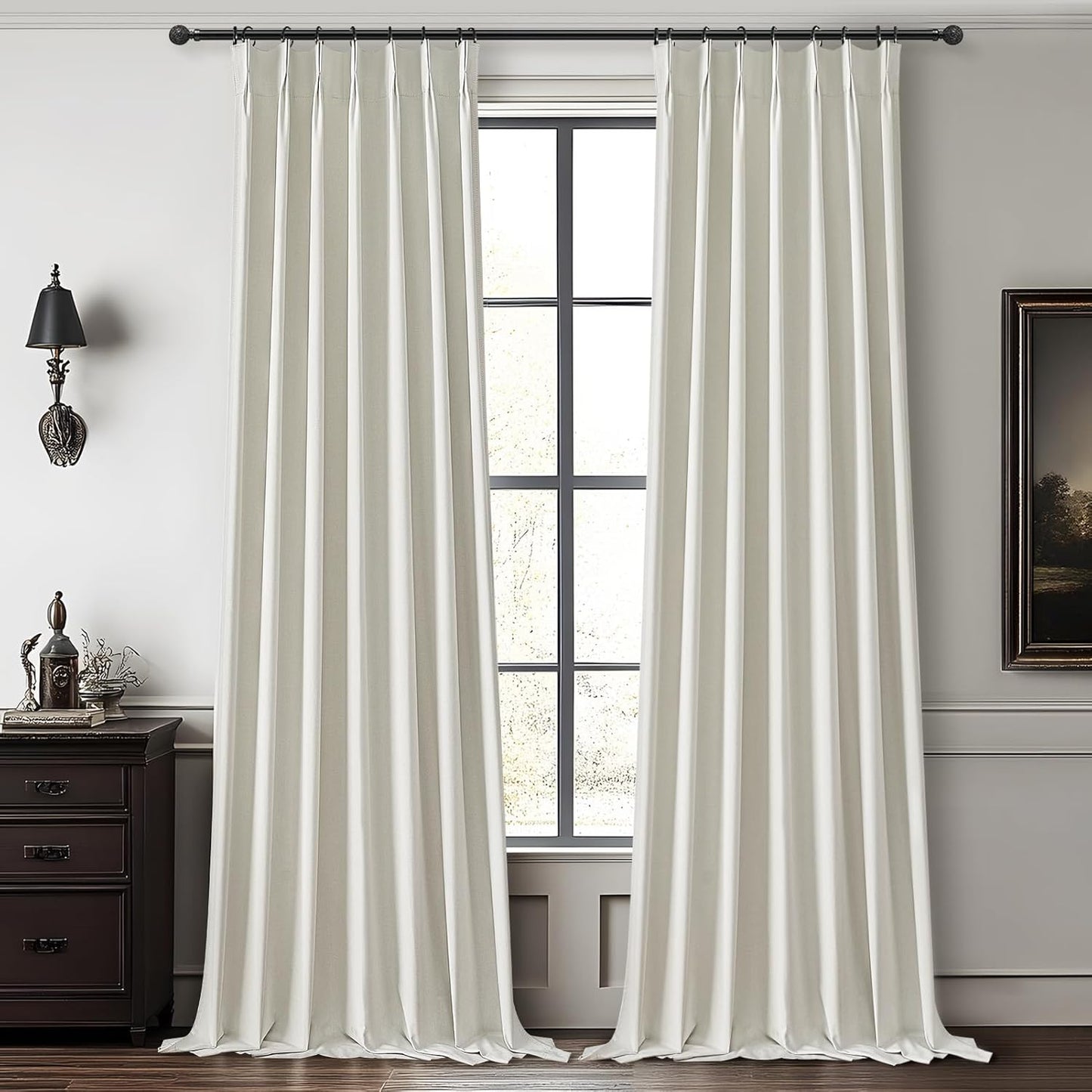 Beige White Pleated Room Darkening 100 Inch Curtains for Living Room, Neutral Thick Linen Blend Curtain Blackout Thermal Window Drapes with Hooks&Rings for Ceiling Track 40" Wx100 L 2 Panels
