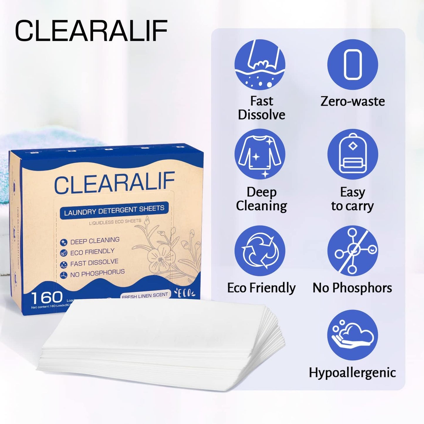 Laundry Detergent Sheets Up to 320 Loads, Fresh Linen - Great For Travel,Apartments, Dorms,CLEARALIF Laundry Detergent Strips Eco Friendly & Hypoallergenic (80 Sheets, Pack of 2)