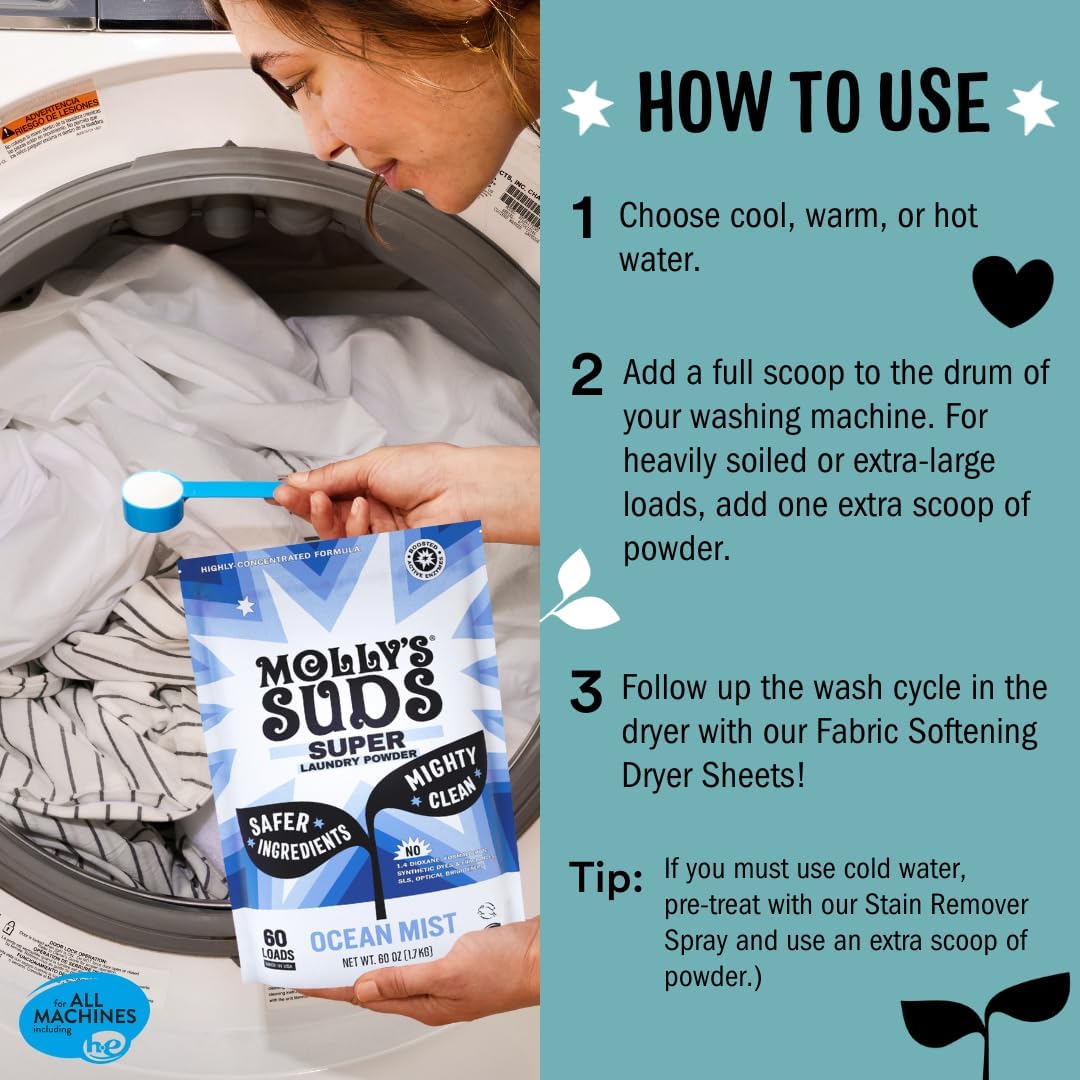 Molly's Suds Unscented Super Powder Detergent | Extra Strength Laundry Soap, Stain Fighting | Sensitive Skin | Simple, Effective Ingredients | 120 Loads Total (2 Pack)