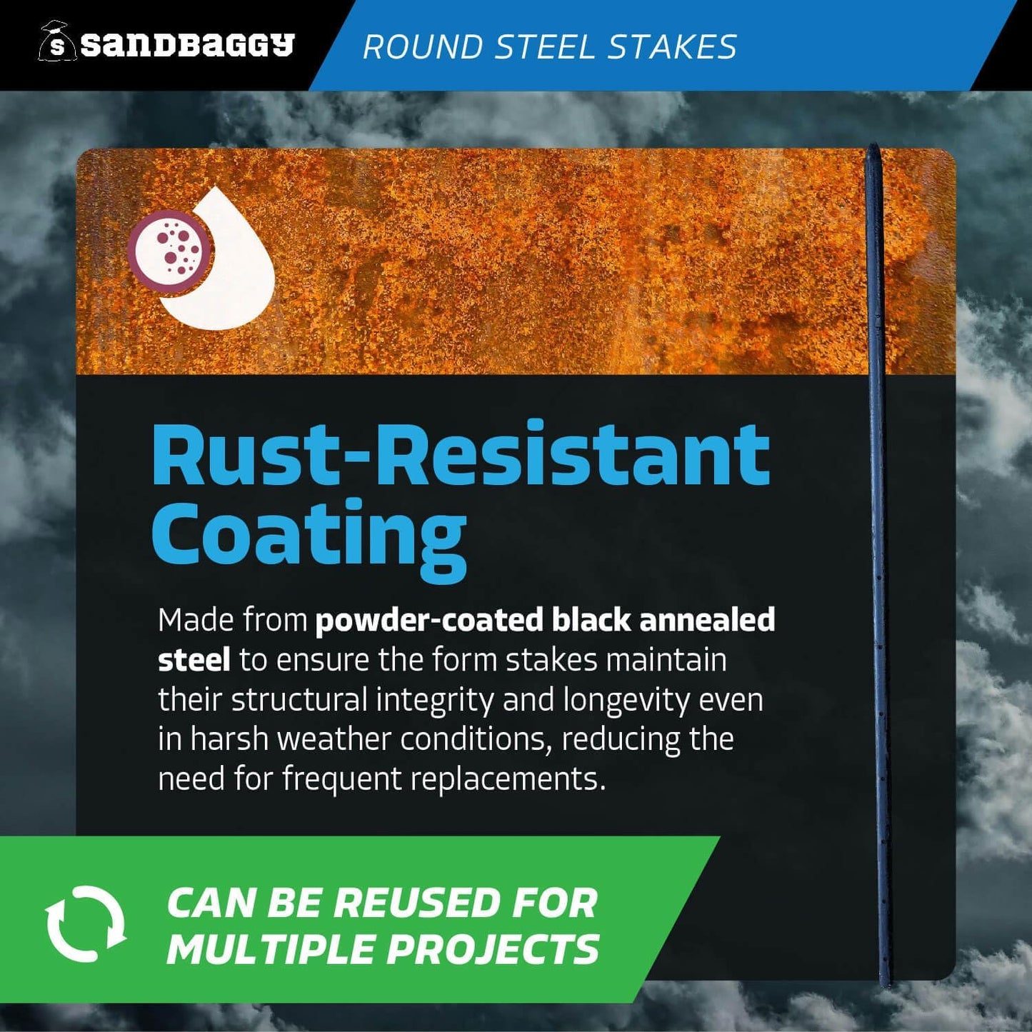Sandbaggy Round Steel Concrete Form Stakes with Nail Holes - Rust Resistant Coating - Removable, Reusable (100, 3/4 in X 36 in)