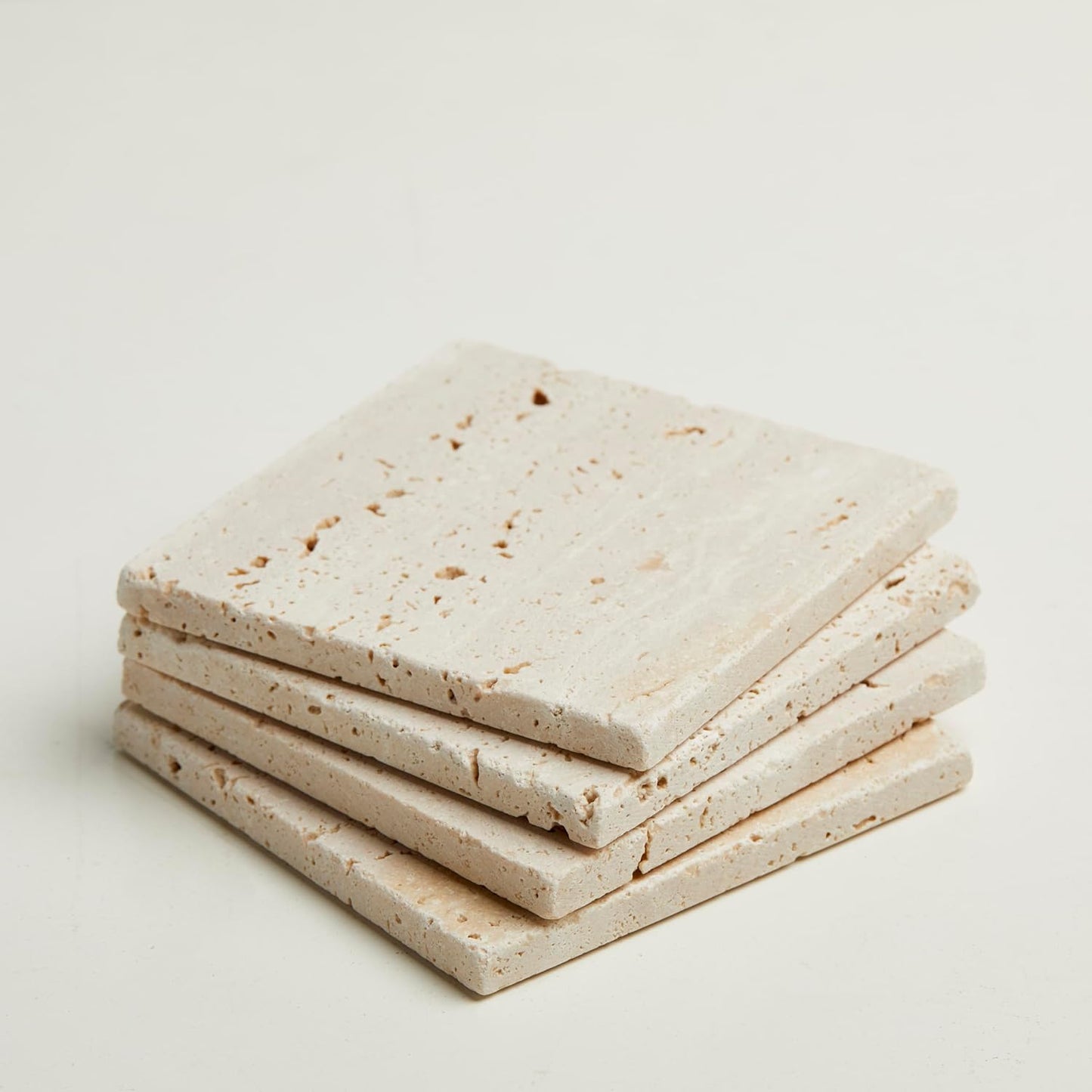 Marble Coasters – Set of 4 –Beige Travertine Bar Coasters for Drinks, Coffee –Stone Holder for Home Décor, Housewarming Gifts (Square)
