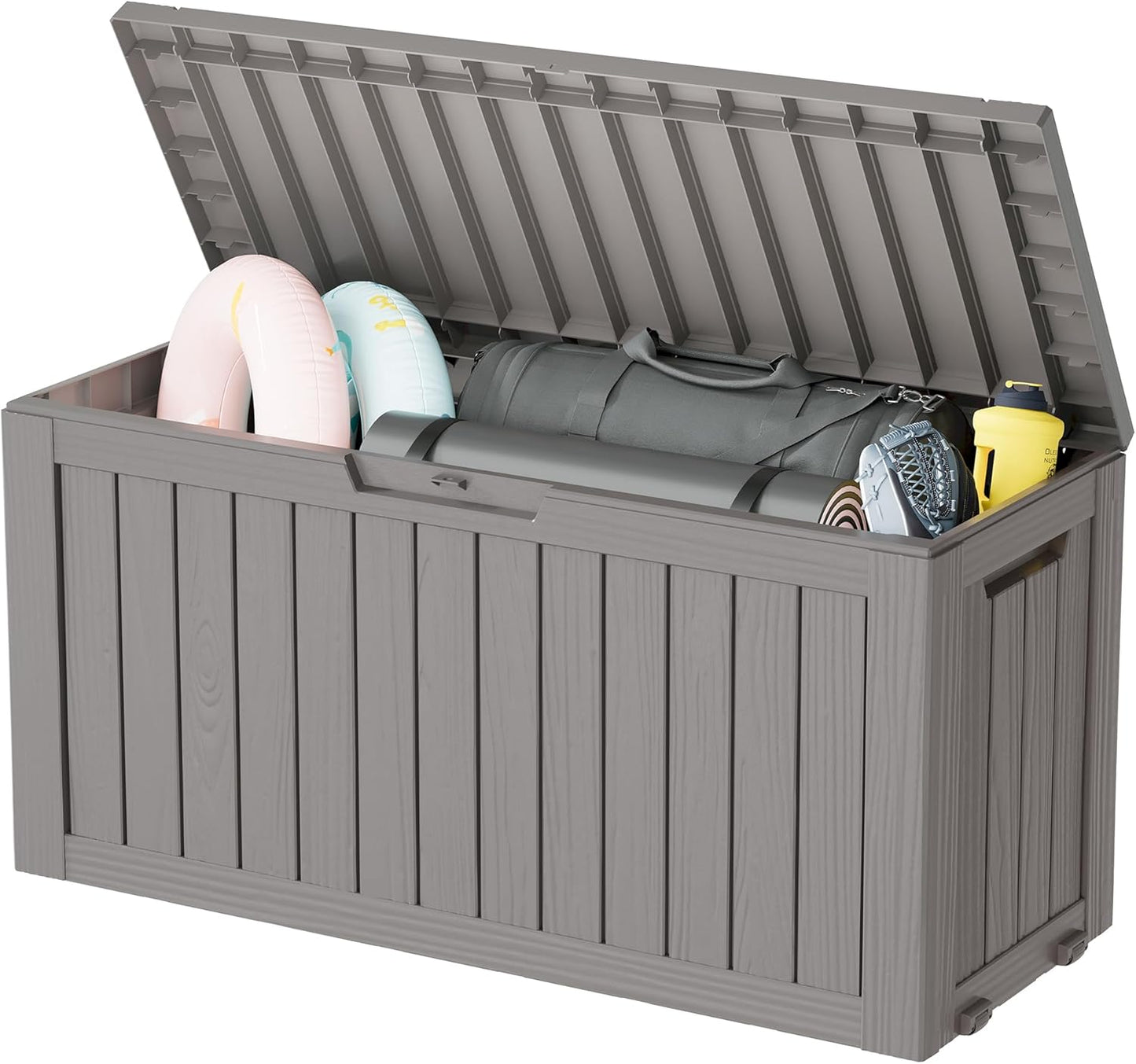 KAMABOKO Deck Box, 75 Gallon Resin Indoor and Outdoor Storage Boxes Waterproof for Garden Tools, Pool Accessories Storage Bench, Patio Furniture and Cushions with Lockable Lid, Grey