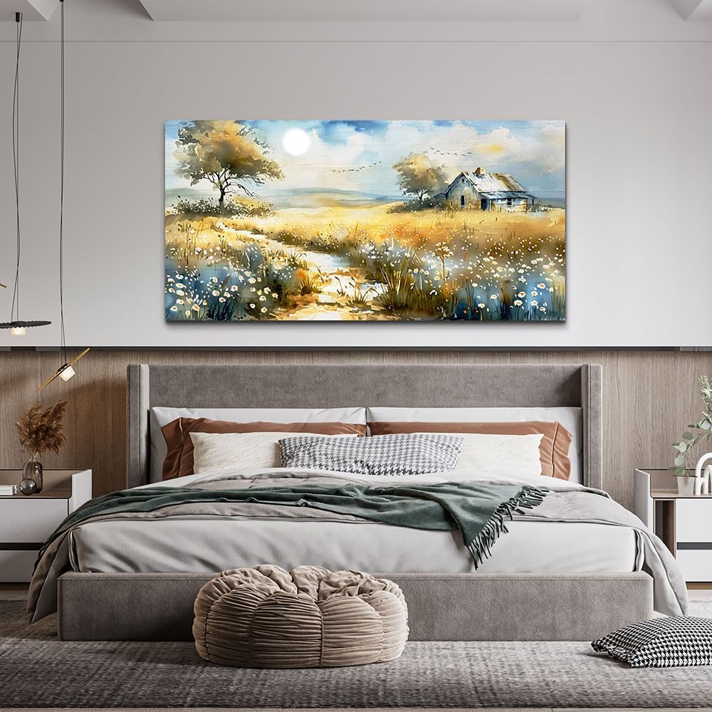 KELIYUAN Large Country Field Painter House Decorated Wildflower Field Landscape Painting Living Room Decorated Wall Art Modern Print Canvas Farmhouse Office Bedroom Wall Decorated 30 X 60 Inches