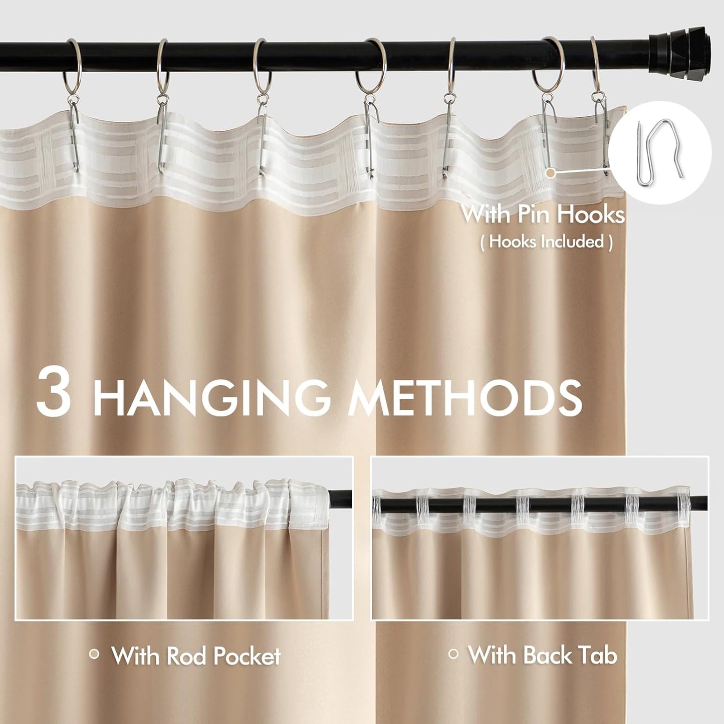 MIULEE Beige Back Tab Blackout Curtains 63 Inch Length 2 Panels Set for Living Room Bedroom Privacy, Rod Pocket/Pinch Pleat Thermal Insulated Room Darkening Pleated Light Blocking Drapes