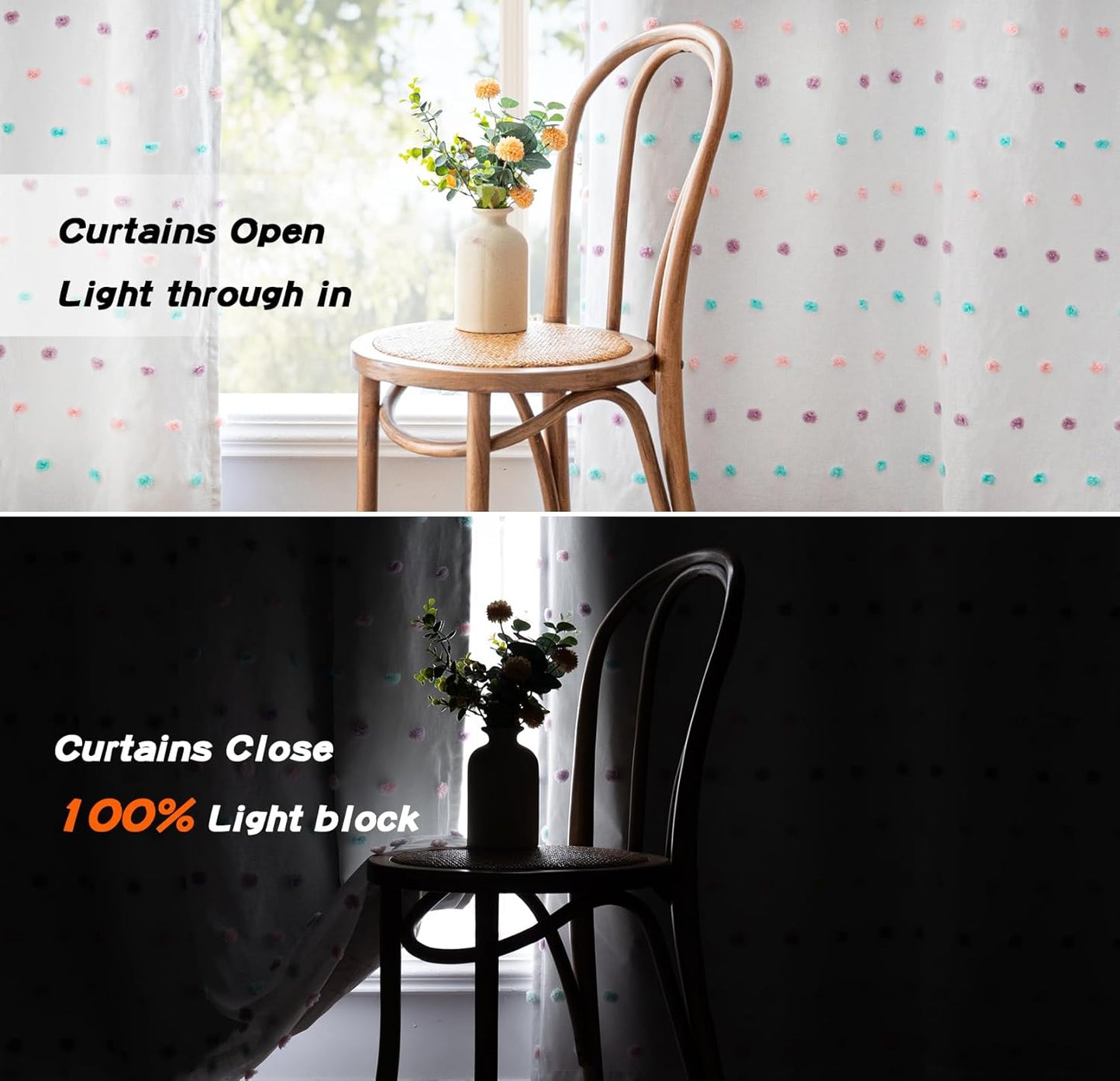 MYSKY HOME 100% Blackout Curtains for Bedroom Total Light Blocking Curtains 90 Inch Long Room Darkening 2 Panels Grommet Double Layer Privacy Window Drapes with Rainbow Pom Pom Sheer 52" x 90"