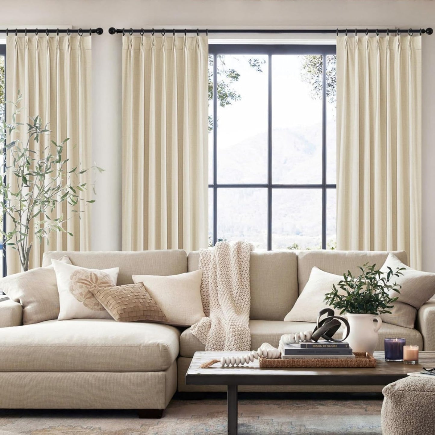 Textured Linen 96 Inch Blackout Curtains, Pinch Pleated/Back Tab Drop Cloth Curtains to Cover Closet Farmhouse Draft Blocking Block Out Cottage Window Drapes 2 Panels 8 FT Tall Beige Cream