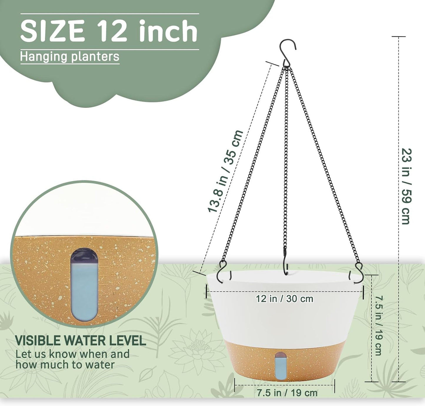 ZMTECH 12 Inch Hanging Planters for Outdoor, 2 Pack Self Watering Pots for Indoor Plants, Large Hanging Baskets for Plants Outdoor with Visual Reservoir and Drainage Hole(White)