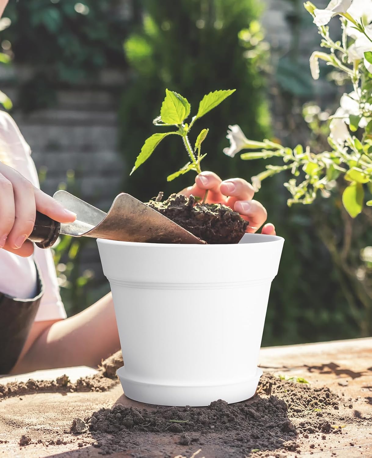 homenote Plant Pots,7.5 Inch Flower Pots for Plants Plastic Planters for Indoor with Multiple Drainage Holes and Trays, for All Home Garden Flowers Succulents,Outdoor(White&Black,8 Pack)