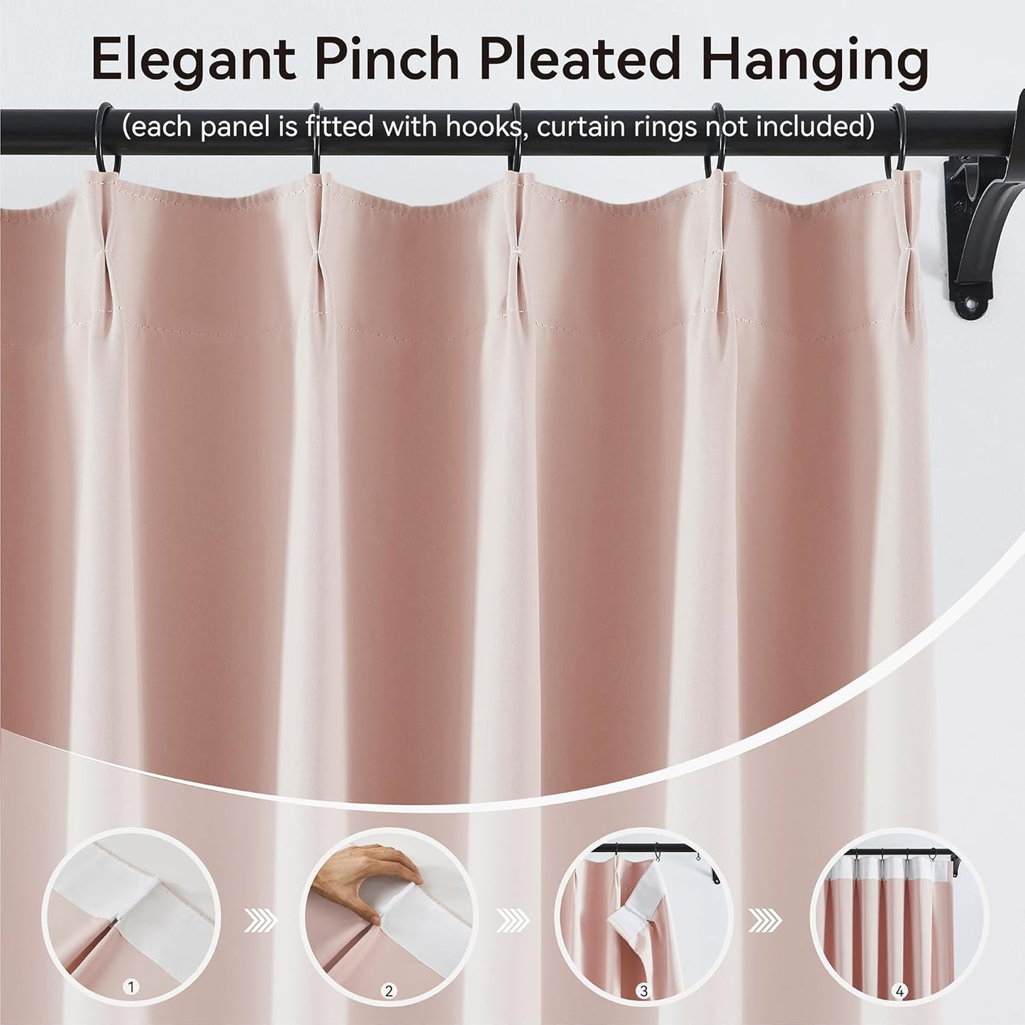 KangBang 60” Wide Soft Pink Blackout Curtains 105 Inches Long, Pinch Pleated Thermal Insulated Sliding Door Curtains & Drapes for Living Room French Door, Decor 2 PCs, 60x105