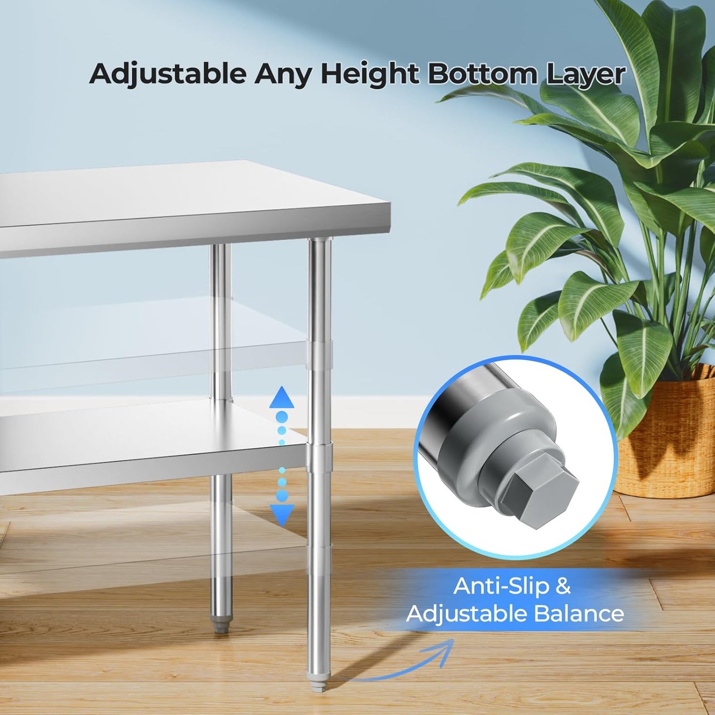 NUUK Stainless Steel Worktable 24 x 48 Inch Heavy Duty Commercial Workstation Adjustable Height Kitchen Food Prep Work Table for Restaurant, Home and Hotel