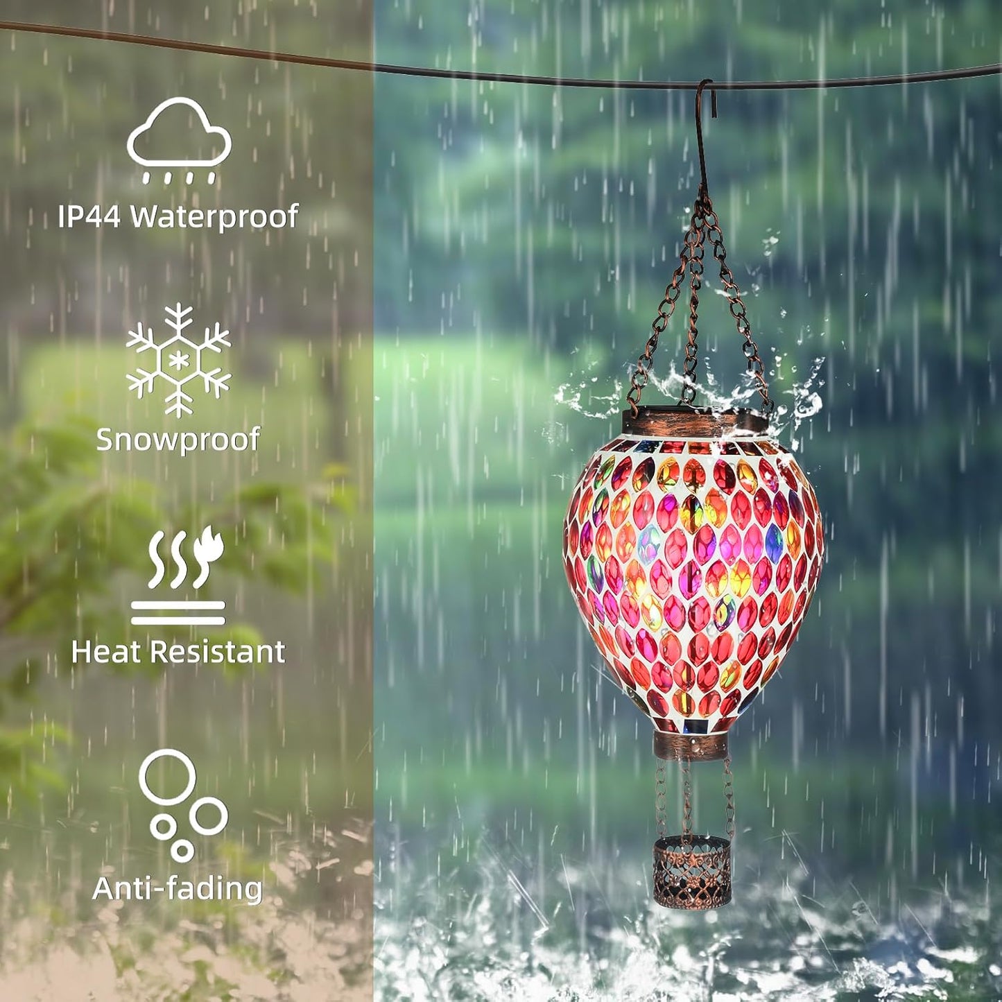 VOREEN Hot Air Balloon Solar Lantern, Mosaic Solar Outdoor Hanging Wind Light, Waterproof, Patio Festive Decor, Gift for Mom Wife Friend, Red
