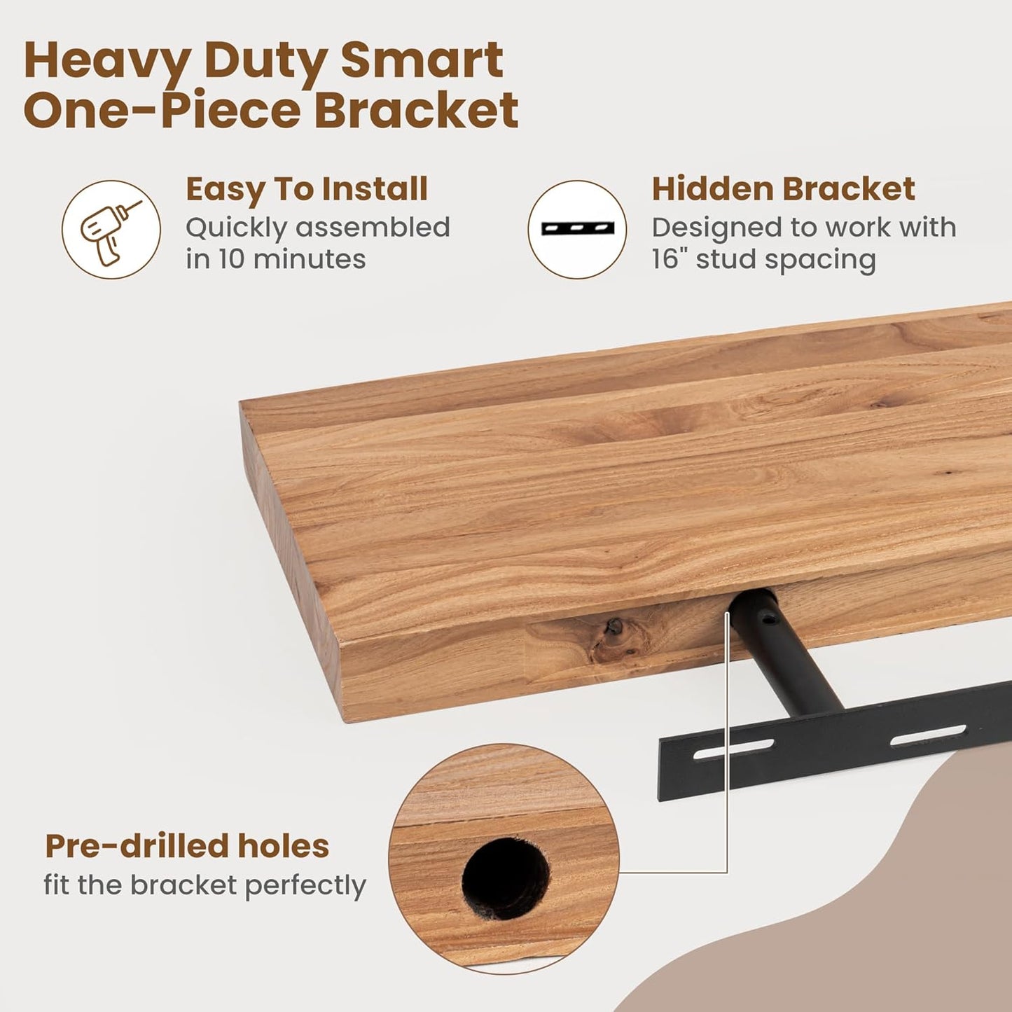 Floating Shelves for Wall Decor, Rustic Solid Elm Wood Floating Shelves Wall Mounted, Wall Shelves with Invisible Bracket for Living Room Bathroom Bedroom Kitchen, 48 Inch, Natural
