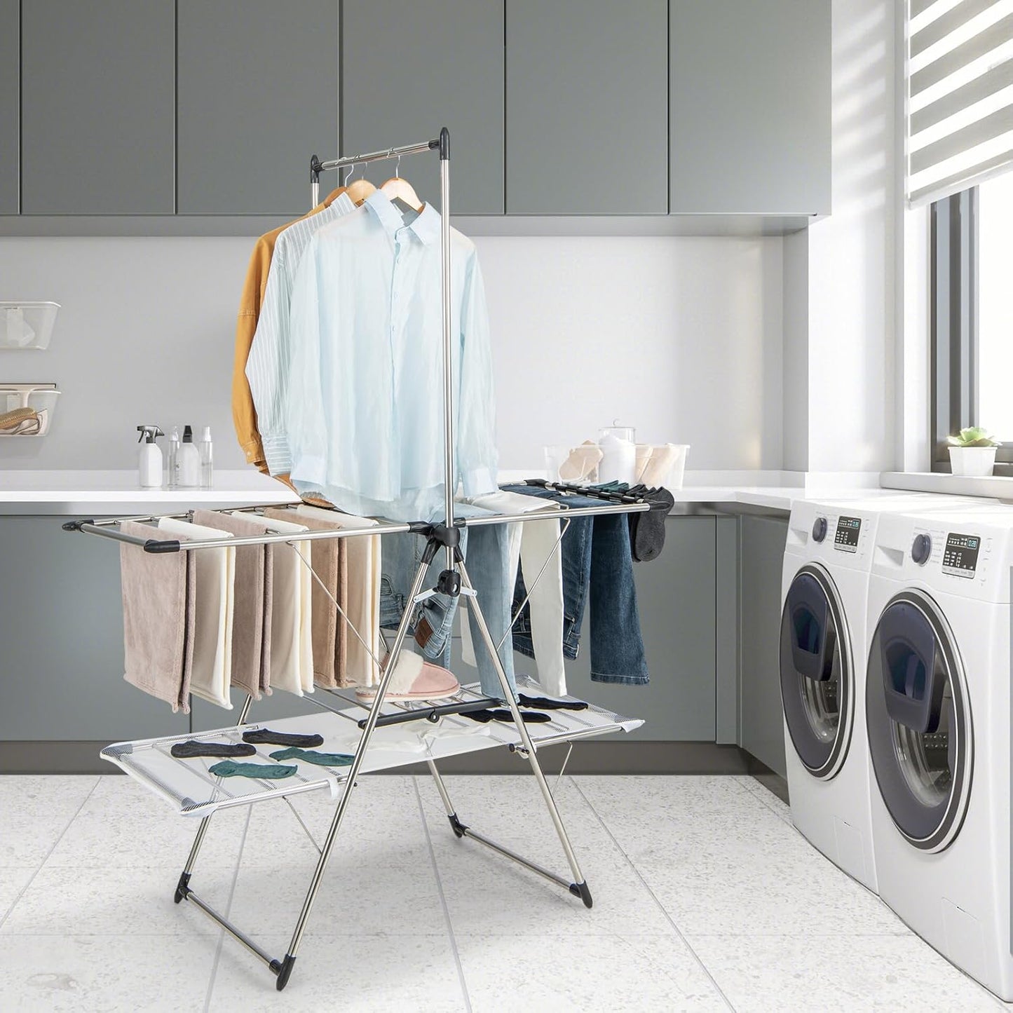 Tangkula Foldable Clothes Drying Rack, 2-Tier Laundry Drying Rack w/Tall Hanging Bar, Height Adjustable Gullwing, Freestanding Garment Stand for Indoor Outdoor Use