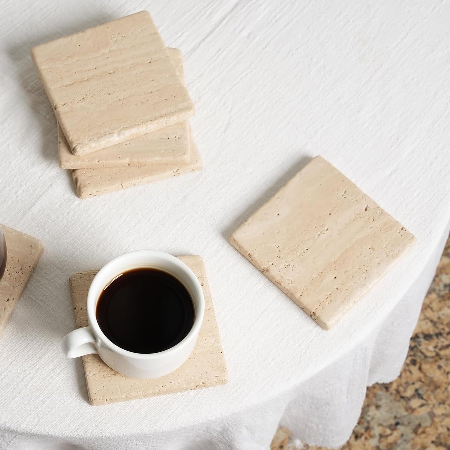 BCS Square Marble Coasters Set of 6 with Holder - Premium Travertine Drink Coasters for Coffee Table, Durable Cup Mats for Wine, Beer, Cocktails - Elegant Home & Bar Decor