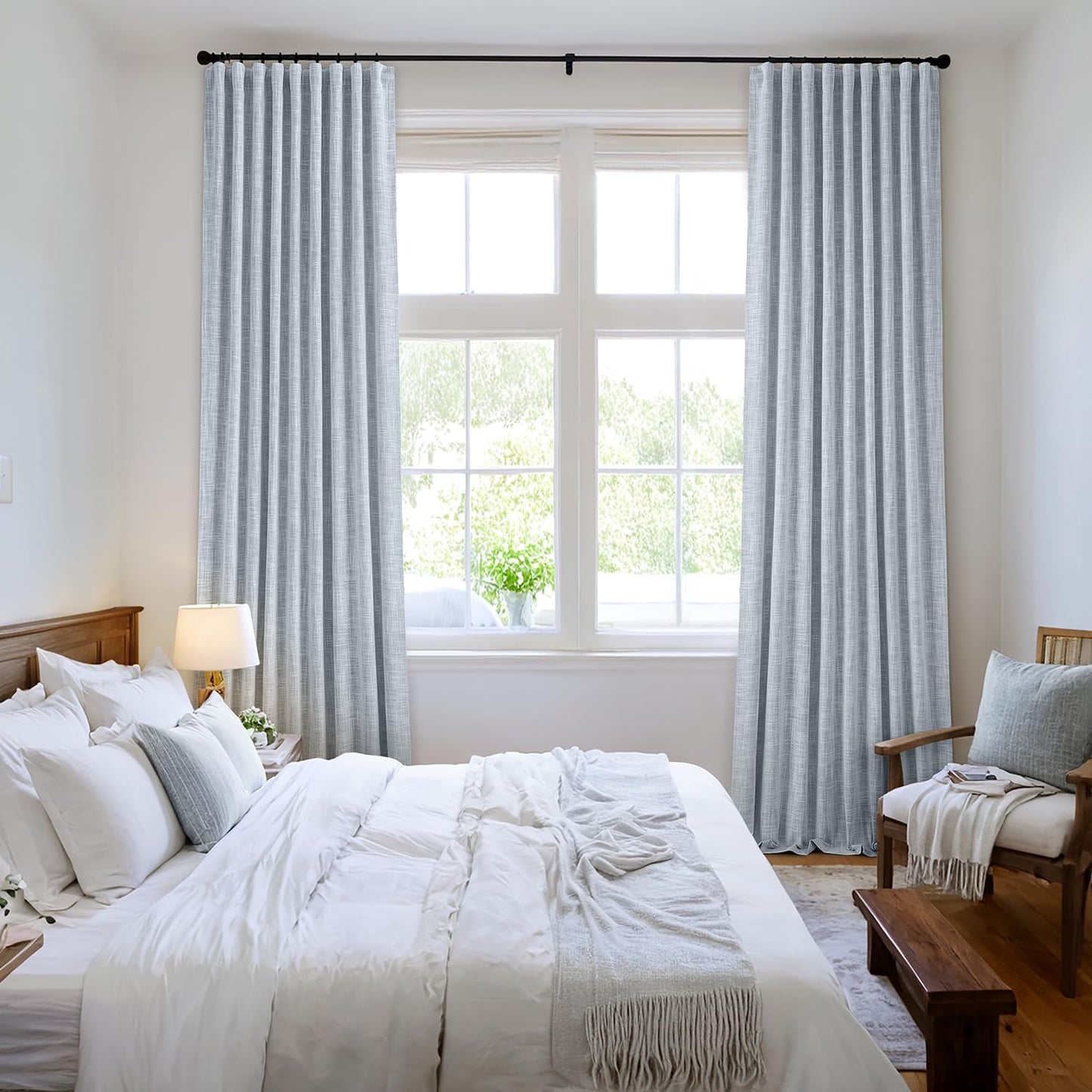 MIULEE Light Blue 100% Blackout Linen Curtains 90 Inch 2 Panels Set Double Sided No Coating Pleated Back Tab Black Out Long Thermal Insulated Pinch Pleat Bedroom Living Room Darkening Window Drapes