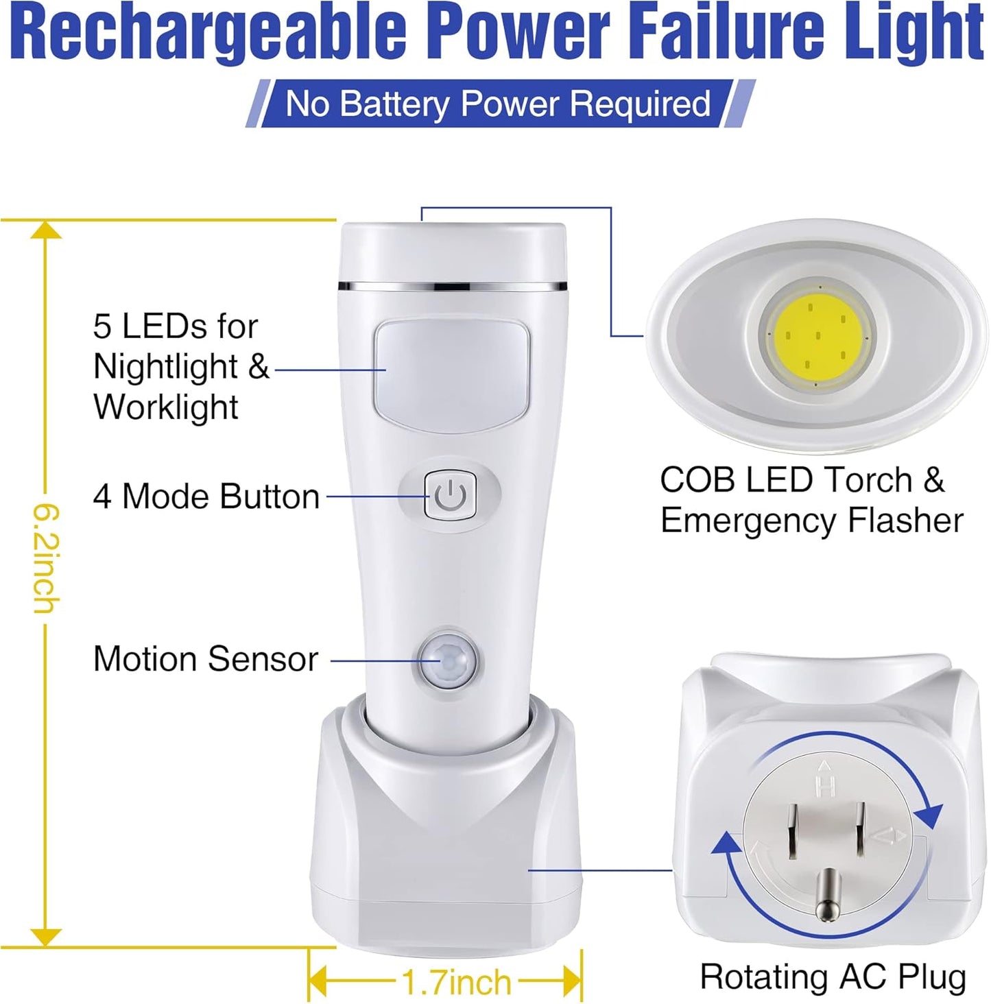 Enhon 4 in 1 LED Emergency Lights for Home Power Failure, 4 Pack Rechargeable Plug in Flashlight Motion Sensor Night Light, Automatic Turn On Power Outage Light for Home Hurricane Supplies(White)