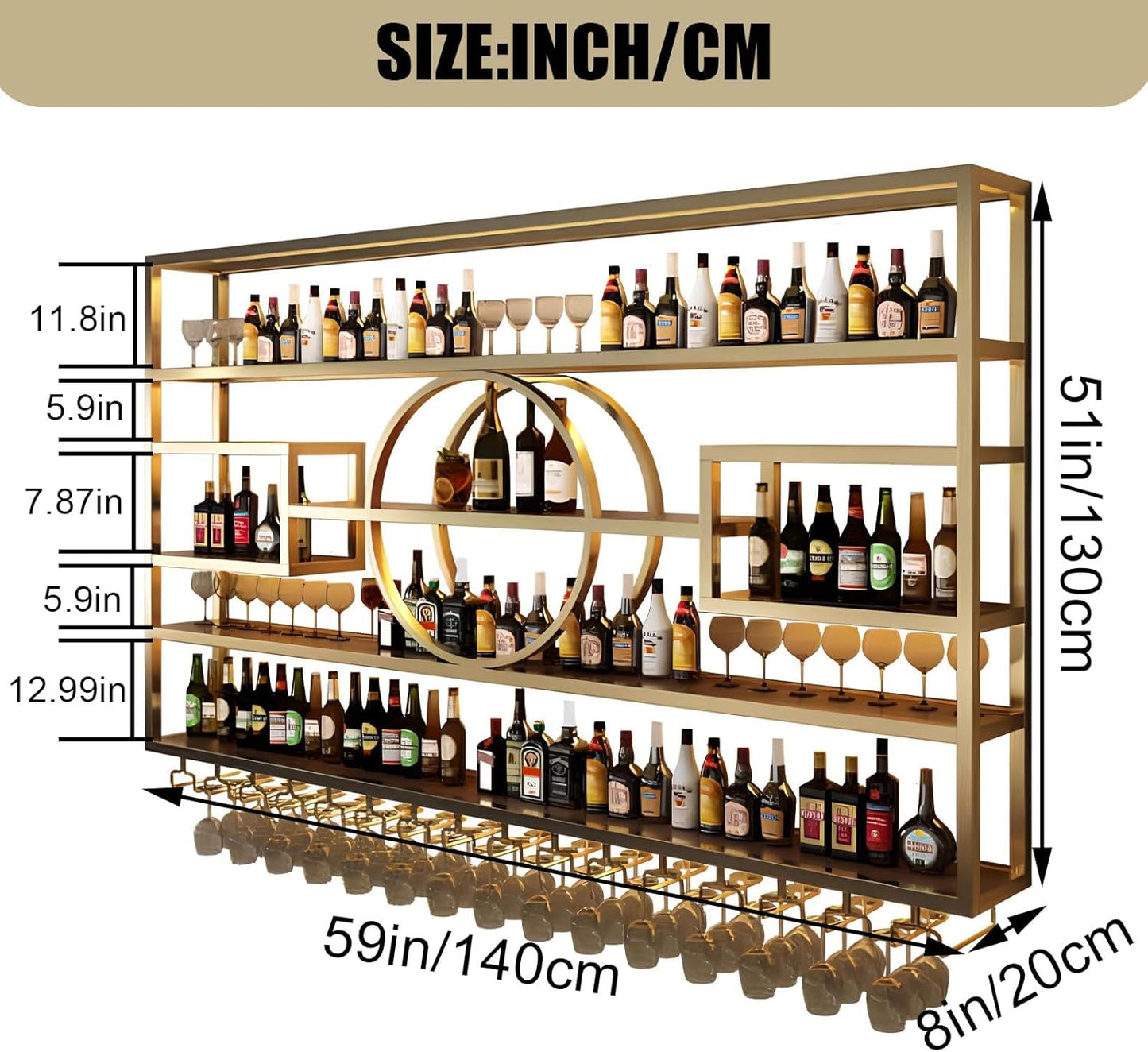 55.1in Wall Mounted Wine Rack, Modern Metal Wine Bottle and Glass Holder, Iron Display Stand Decorative Wine Rack, for Bar Living Room Dining Room Background (Gold, 55.1 * 8 * 51INCHES)