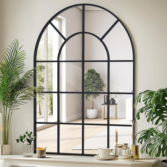 Arched Windowpane Wall Mirror 30"x40" Black Wall Mounted Art Pane Mirror Farmhouse Decorative Mirror Leaning Hanging Wall Mirror for Bedroom Living Room Entrance Hallway Wall Decor