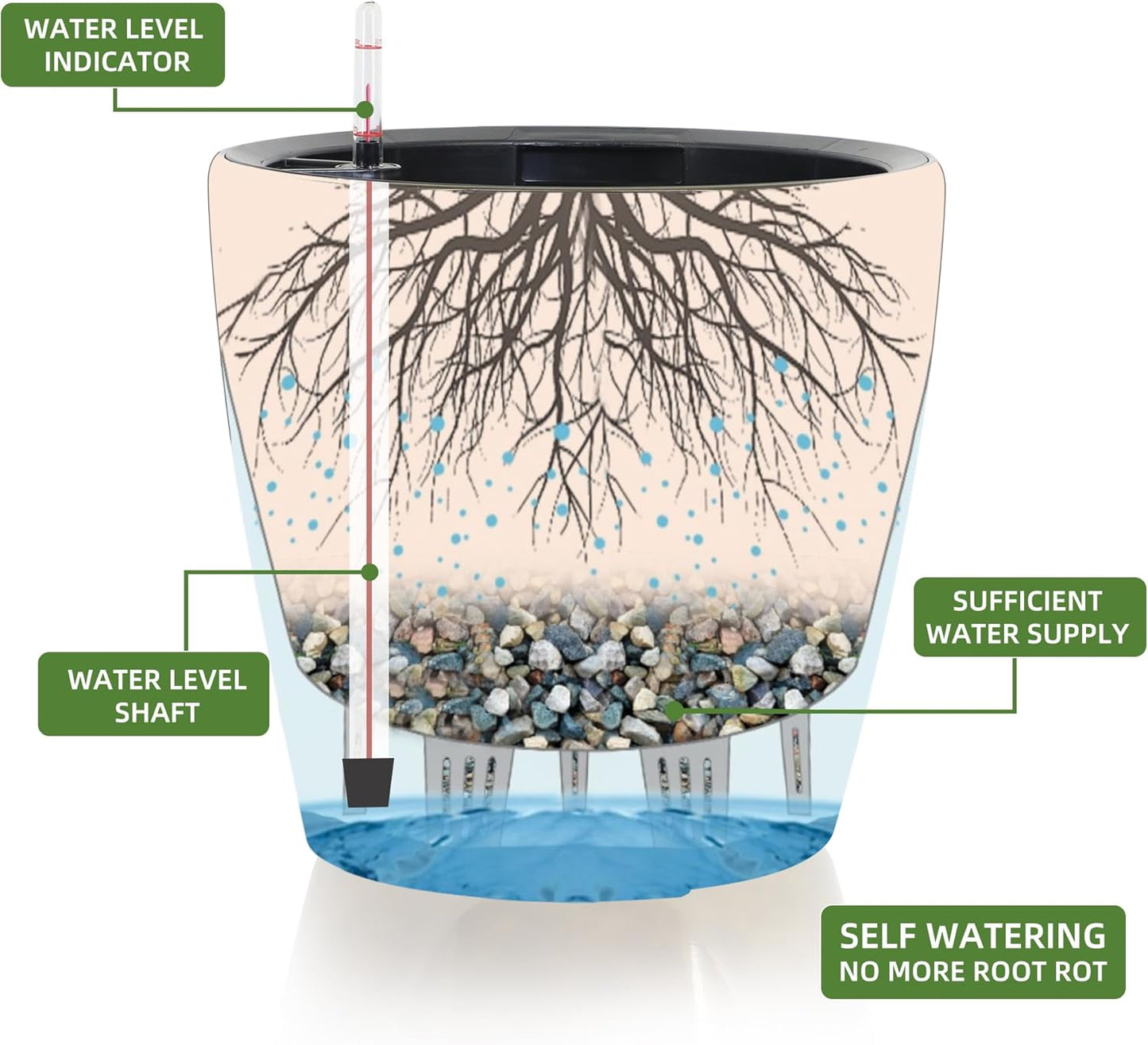 Dexceder 15x14 Self Watering Planter with Wheels Indoor Outdoor, Inner Pot Design, Thickened Large Floor Standing Flower Plant Pot with Water Level Indicator (Black Gold Crackle)