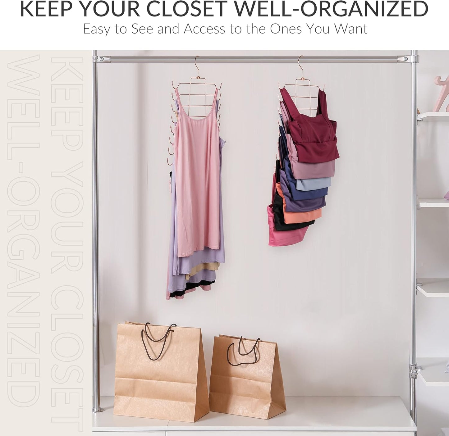 ZEDODIER Tank Top Hanger, 2 Pack Space Saving Bra Hangers, Non-Slip Hanging Sport Bras Holder, Closet Organizers and Storage for Camisoles Tank Tops Bras Ties Swimsuits Strappy Dress, Rose Gold