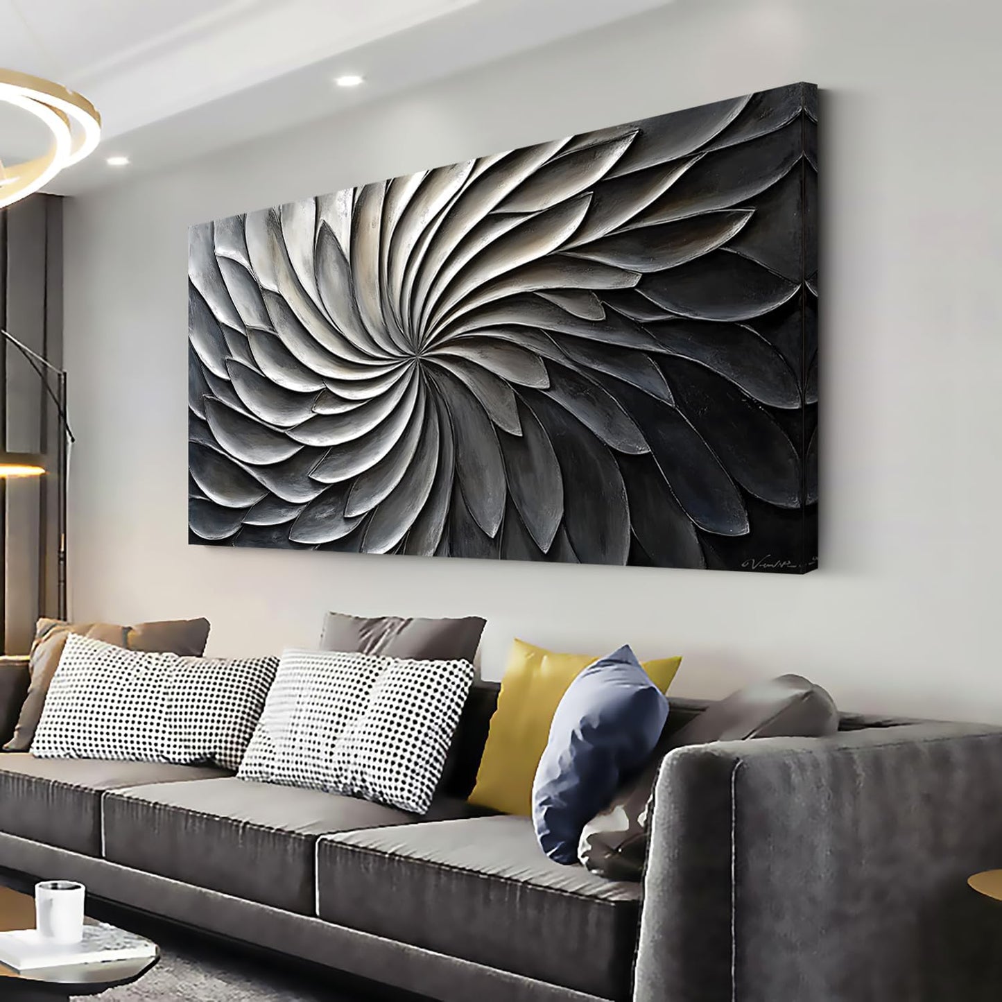 LASMOND Abstract Black and White Wall Art for Living Room Modern Canvas Print Painting Lines Flower Floral Large Artwork Bedroom Home Office Wall Décor (46x23 Inches)