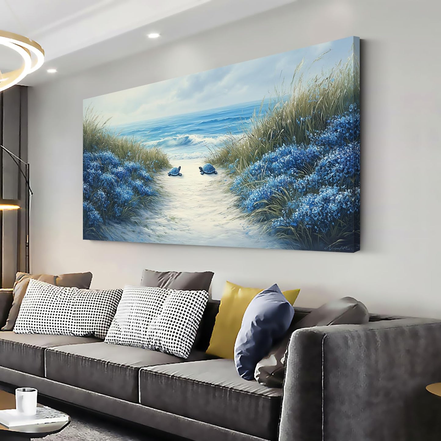 LASMOND Romantic Beach Wall Art for Living Room Blue Sea Turtle Lovers Canvas Painting Prints Ocean Sandy Romance Flowers Large Bedroom Office Decor Artwork (40x20 Inches)