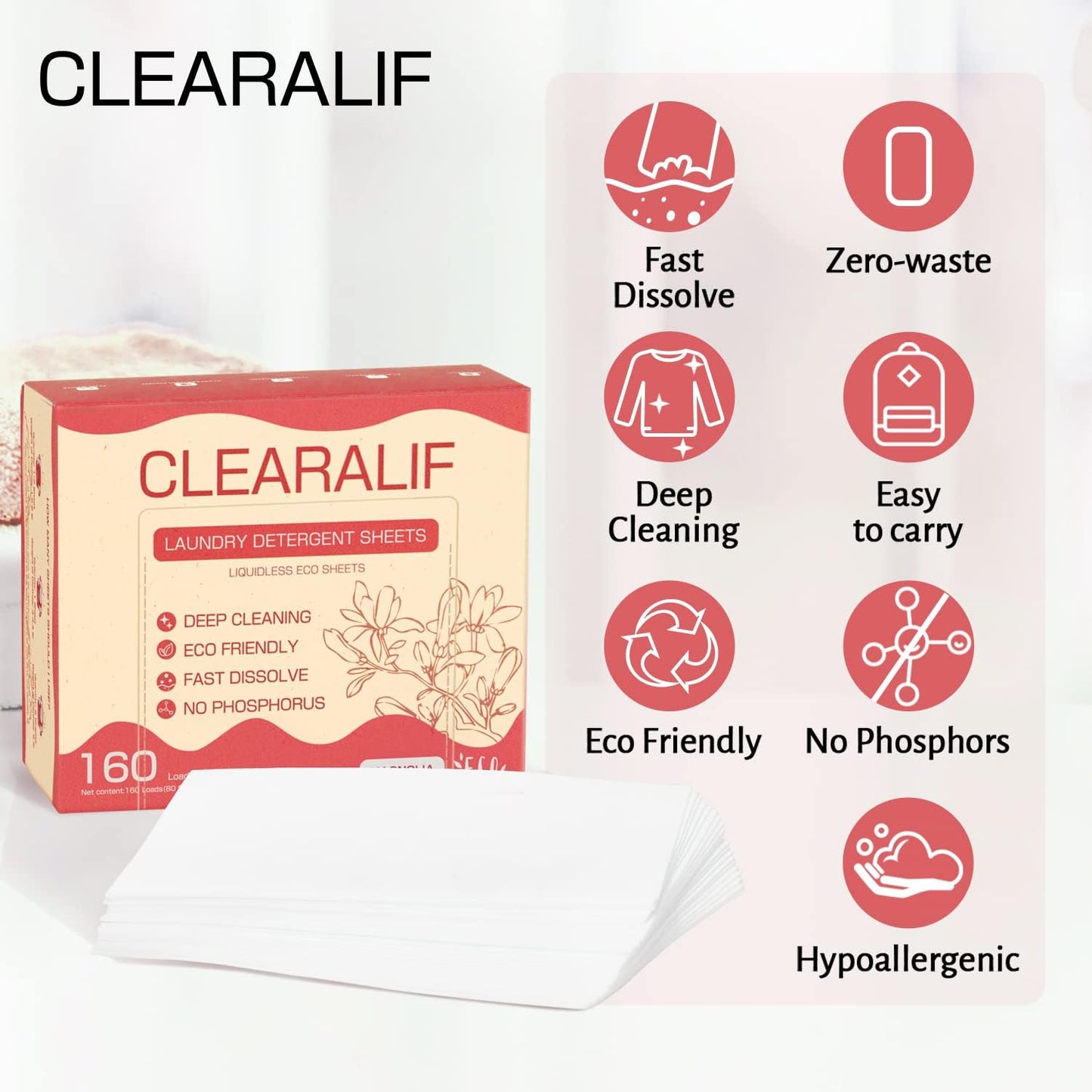 Laundry Detergent Sheets Up to 160 Loads, Magnolia - Great For Travel,Apartments, Dorms,CLEARALIF Laundry Detergent Strips Eco Friendly & Hypoallergenic - 80 Sheets