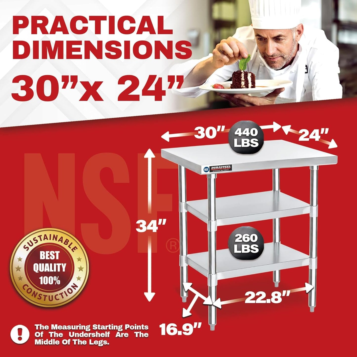 DuraSteel Food Prep Stainless Steel Table - 30 x 24 Inch Commercial Metal Workbench with Adjustable Under Shelf - NSF Certified - for Restaurant, Warehouse, Home, Kitchen, Garage