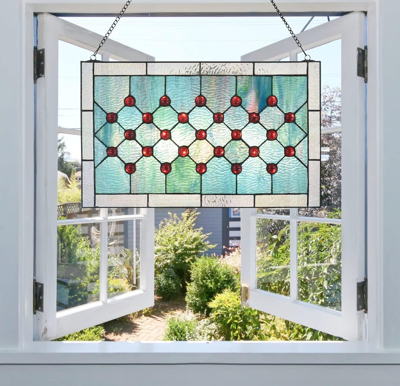 Tiffany-Style Stained Glass Window Panel, 100% Genuine Stained Glass and Cabochon, Handcrafted 73 Pieces, Blue/Green, Size: 19.25" x 11.75", Hanging Chain Included