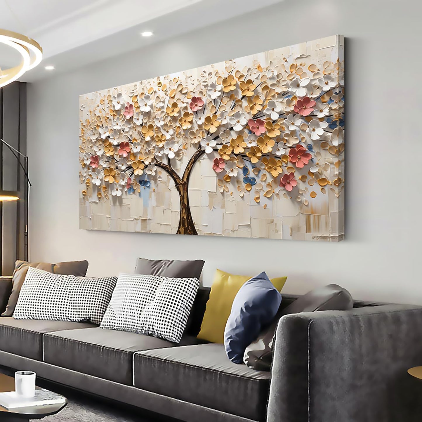 LASMOND 2D Flat White Spring Large Tree of Life Wall Art Office Decor Living Room Modern Painting Prints Pictures Abstract Floral Flower Nature Canvas Large Landscape Artwork (28x58 Inches)