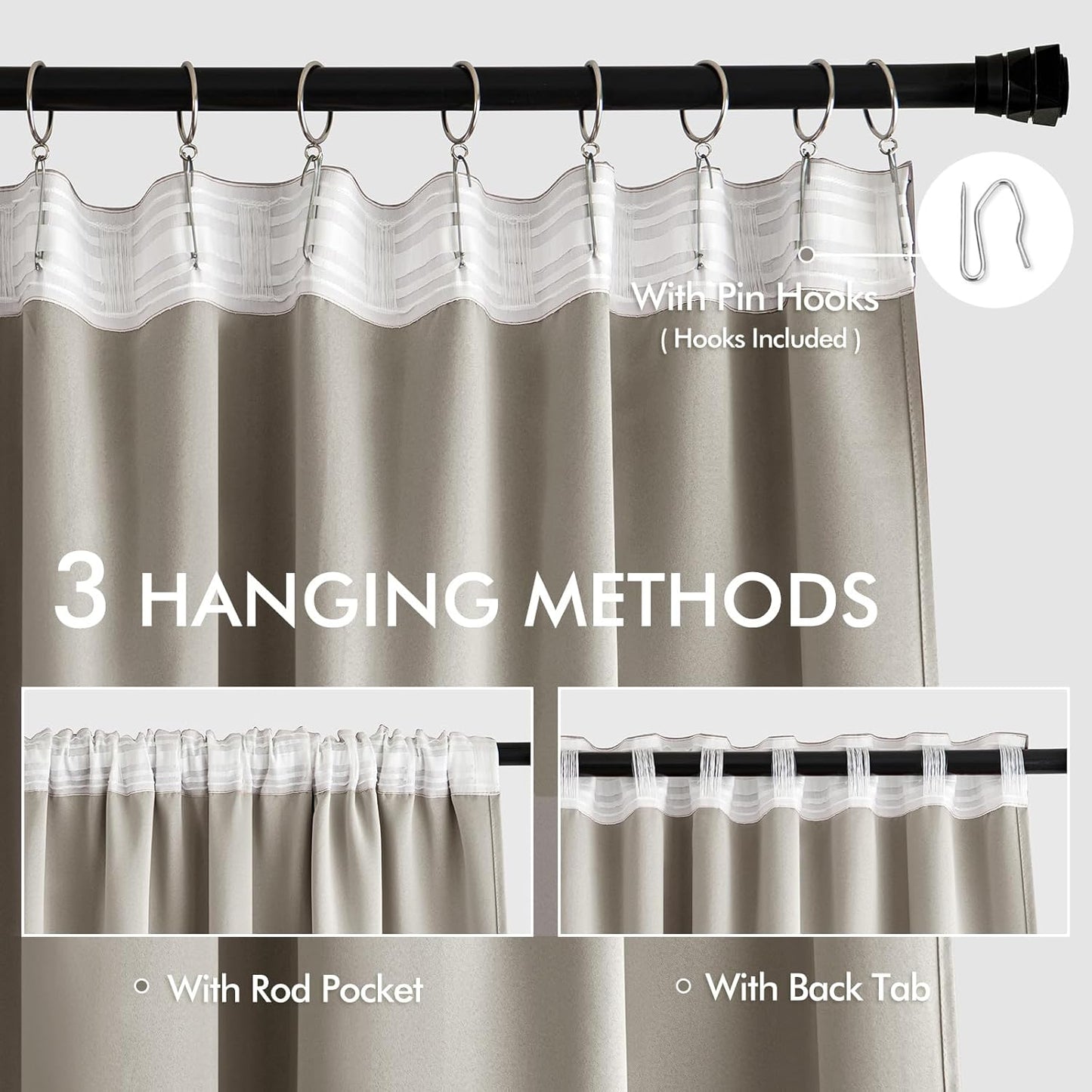 MIULEE Stone Back Tab Blackout Curtains 63 Inch Length 2 Panels Set for Living Room Bedroom Privacy, Rod Pocket/Pinch Pleat Thermal Insulated Room Darkening Pleated Light Blocking Drapes