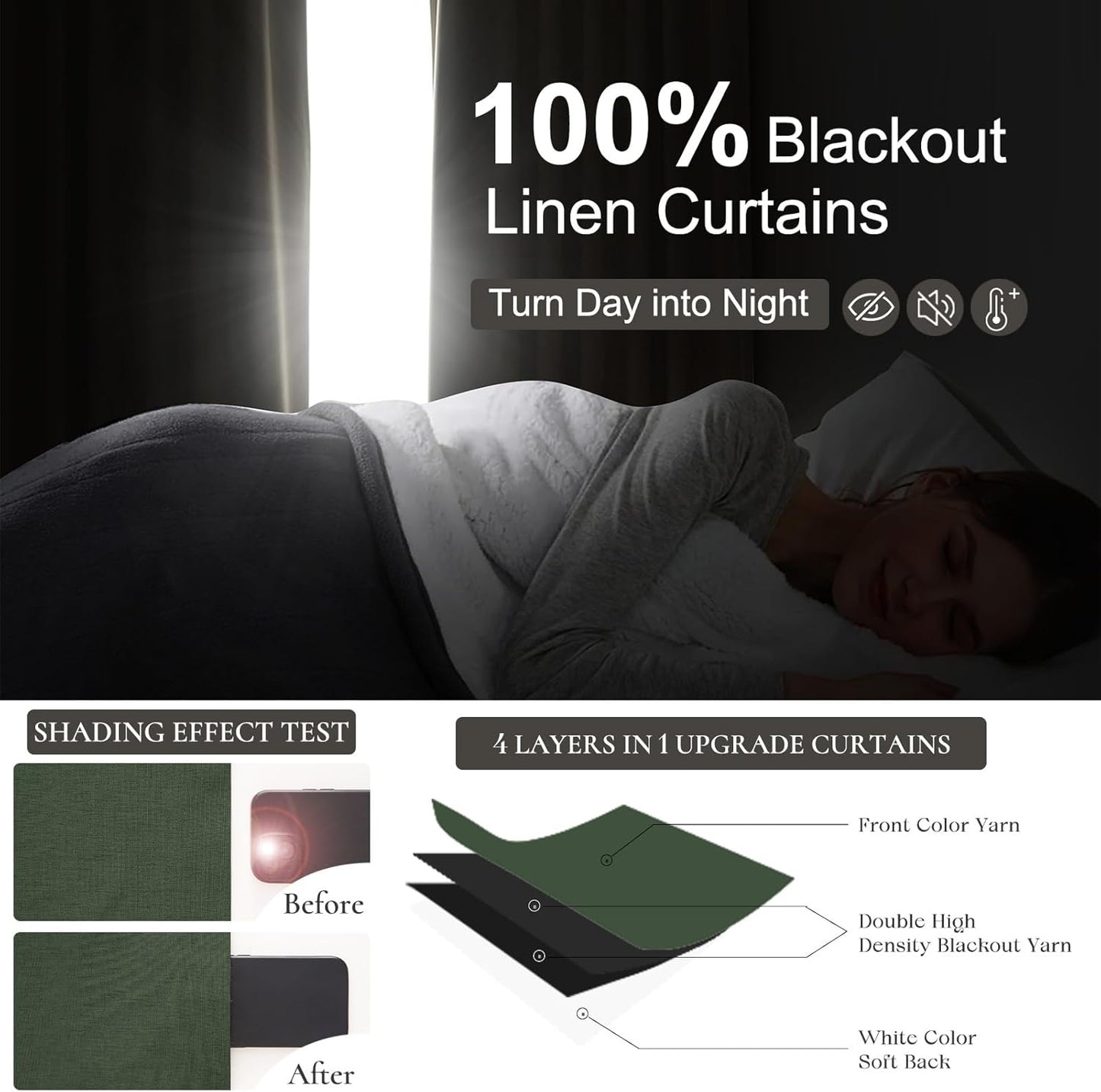 Olive Green Linen Curtains for Living Room, 86 inch Pinch Pleated Drapes with Hooks Back Tab Blackout Privacy Boho Home Decor, Forest/Hunter Green Window Curtains 86 inches Long for Bedroom 2 Panels
