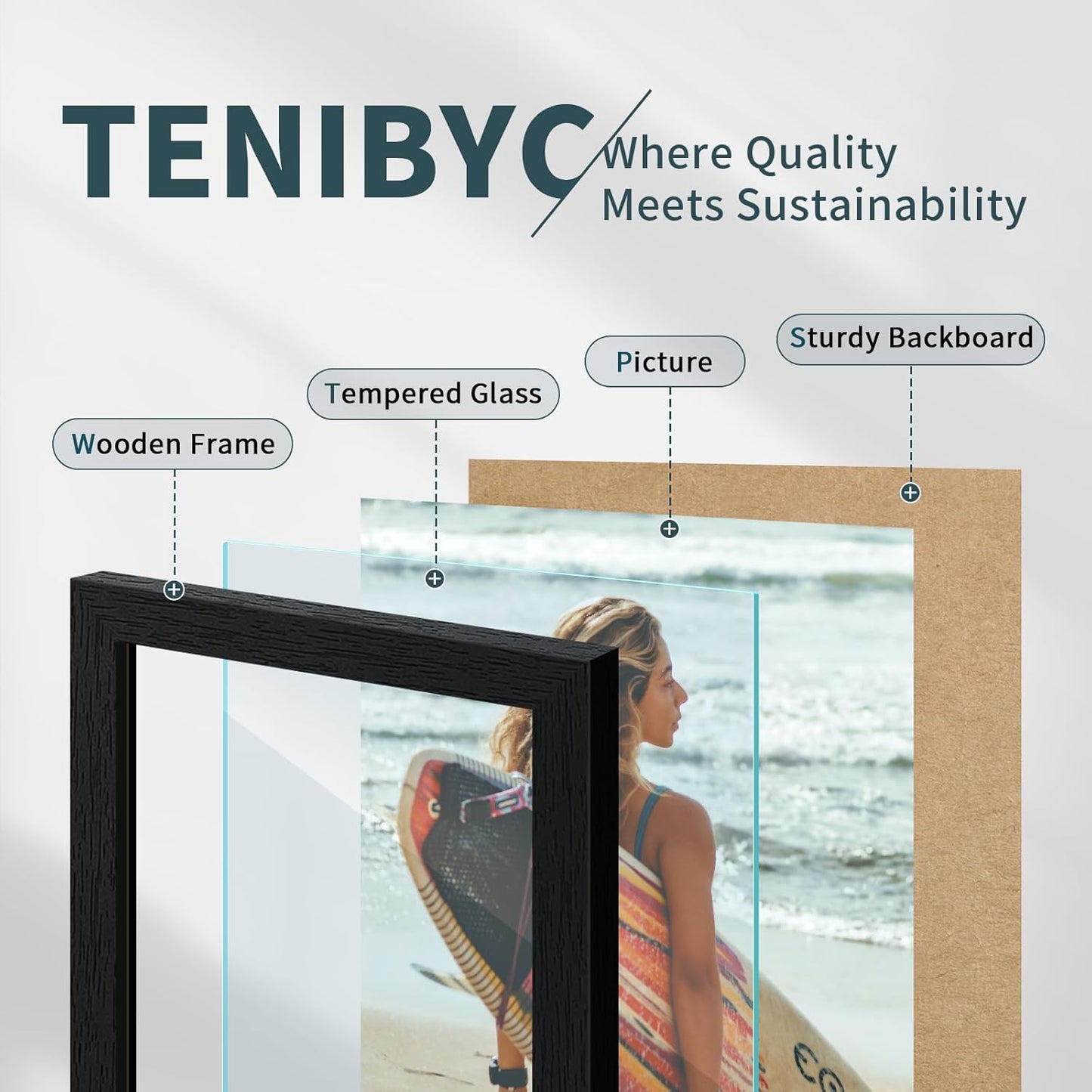 8x10 Picture Frame Set - 3 Pack, Textured Black Solid Wood, HD Tempered Glass, Gallery Photo Frame, Table or Wall Display