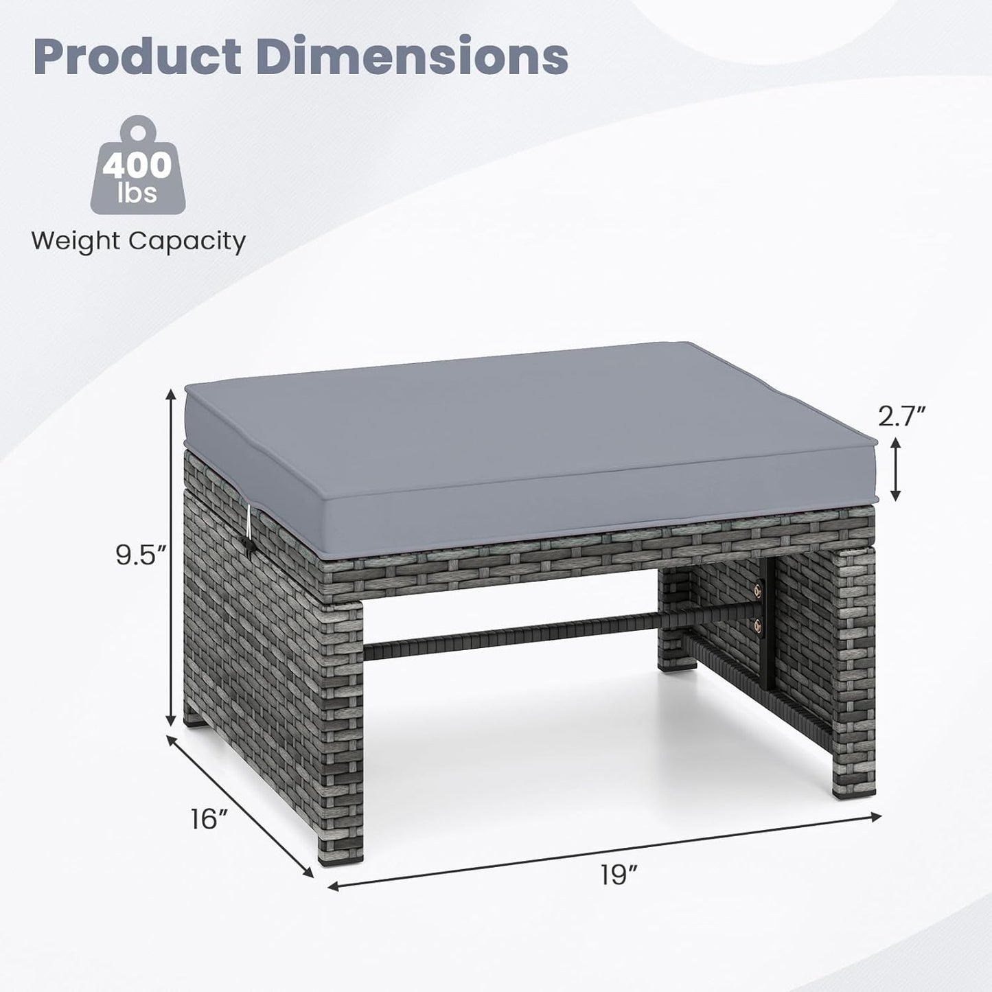 Tangkula 2 Pieces Patio PE Rattan Ottomans, Multipurpose Outdoor Footstool Footrest Additional Seating Side Table with Soft Zippered Cushions for Deck, Garden, and Yard (Gray)