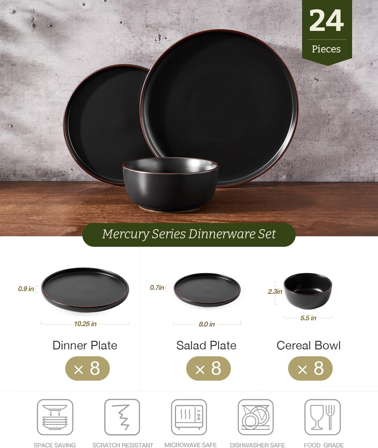 Famiware Mercury 24 Pieces Dinnerware Sets, Plates and Bowls Sets for 8, Microwave and Dishwasher Safe Dish Set, Black