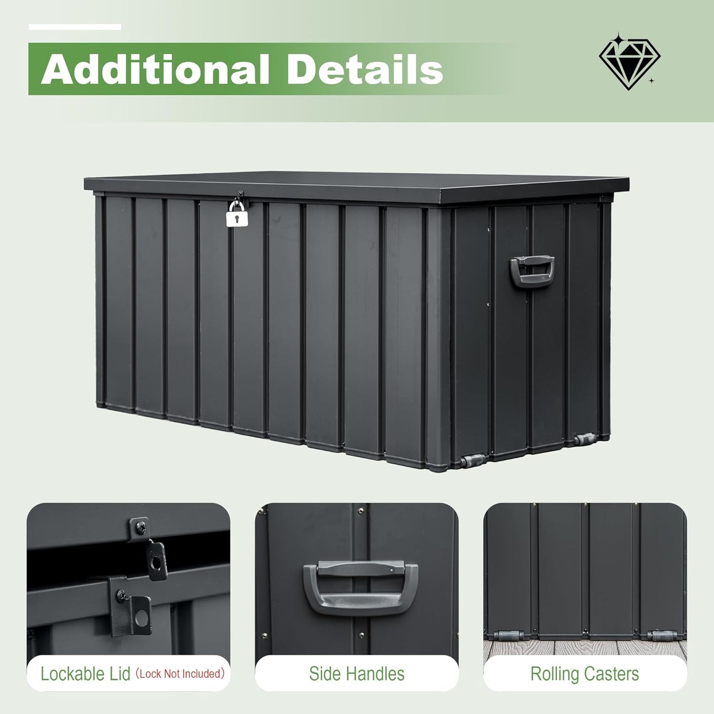 Domi 100 Gallon Deck Box, Outdoor Metal Lockable Storage Cabinet, Waterproof Steel Outdoor Bench with Lockable Lid, Side Handles & Rolling Casters for Outside Cushions, Pillows, Garden Tools, Grey