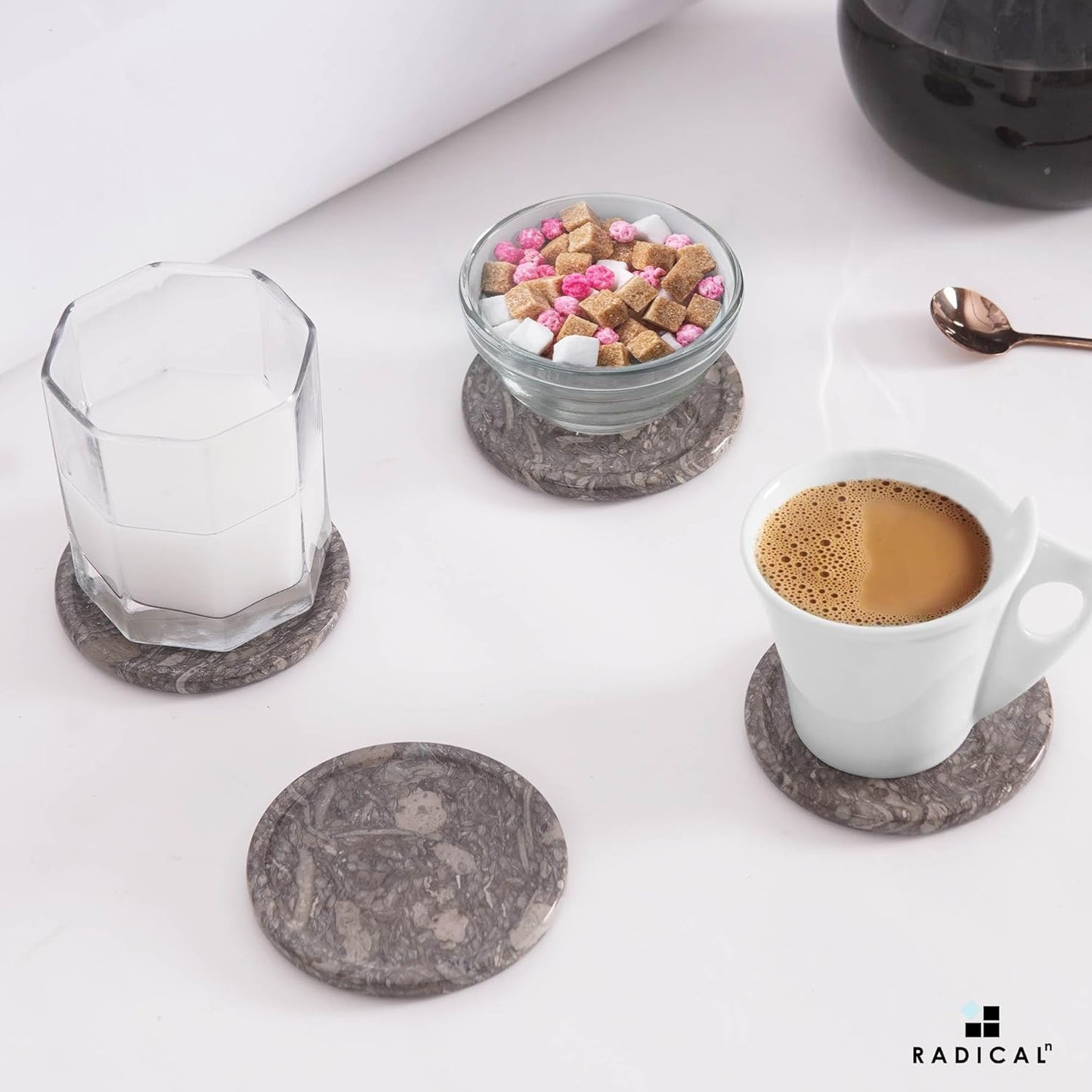 Marble Coasters Set of 6 Oceanic 3.5 Inch Round Coaster for Drinks with Holder, Drink Coaster for Tabletop & Coffee Table Decor, Ideal Home Decor House Warming Gifts